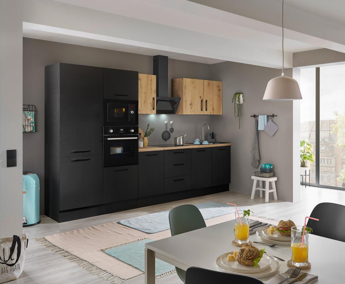 Küchenblock Turin Schwarz/Eiche Dekor B: 330 cm - Schwarz/Eiche Artisan, Basics, Holzwerkstoff (330cm) - MID.YOU