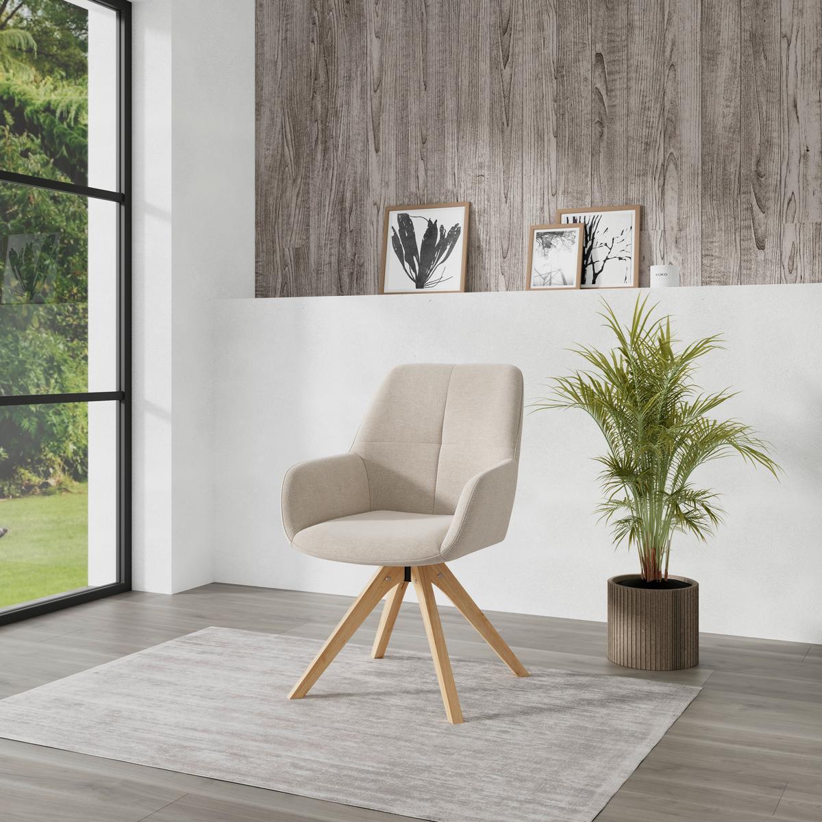 Armlehnstuhl Woody Webstoff beige, B: 64 cm - Beige/Naturfarben, Trend, Holz/Textil (64/83/61cm)