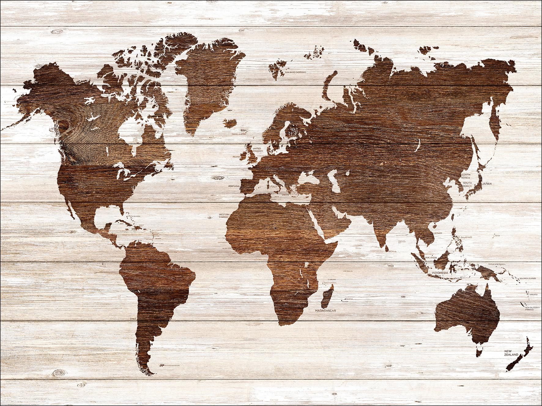 Leinwandbild Worldmap On Wood Weltkarte Braun 77x57 cm - Braun/Bronzefarben, Basics, Holzwerkstoff (77/57/2cm)