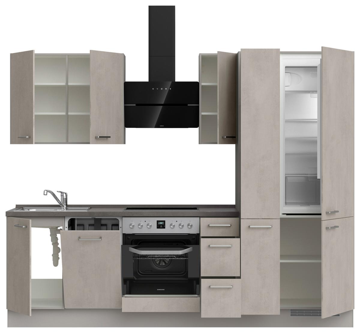 Kuchynská linka 270 cm, šedý betón/ kamenná šedá - sivá/farba ušľachtilej ocele, Modern, kov/kompozitné drevo (270cm) - Nobilia