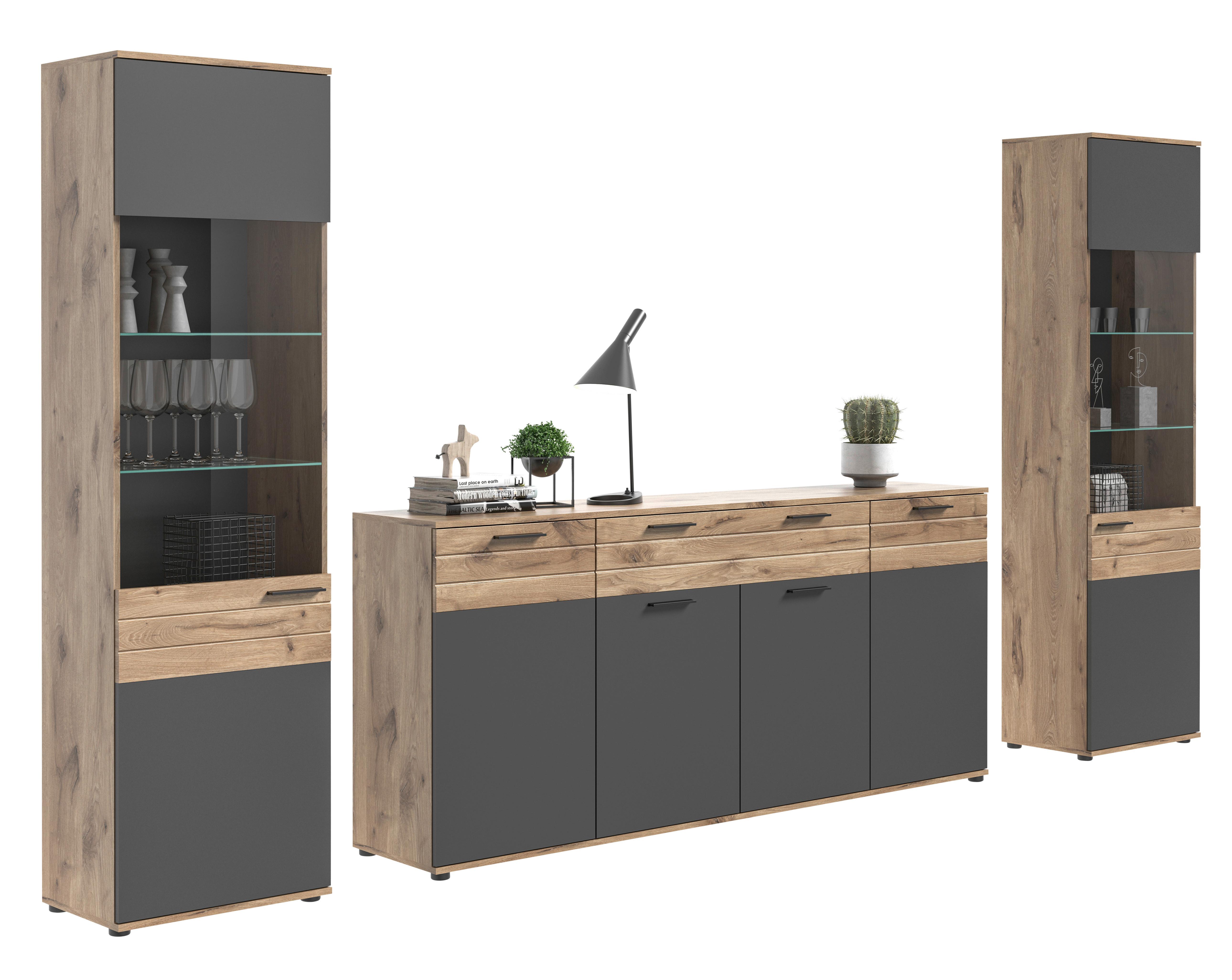 Mason B: 344 cm Nox Oak 3-teilig - Glas/Holzwerkstoff (344/200/40cm) - MID.YOU