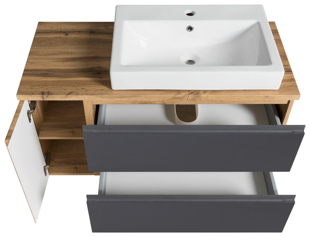Waschbecken mit Unterschrank Varese B:105 cm Grau/Eiche - Eiche Wotan/Weiß, MODERN, Keramik/Holzwerkstoff (105cm) - Held