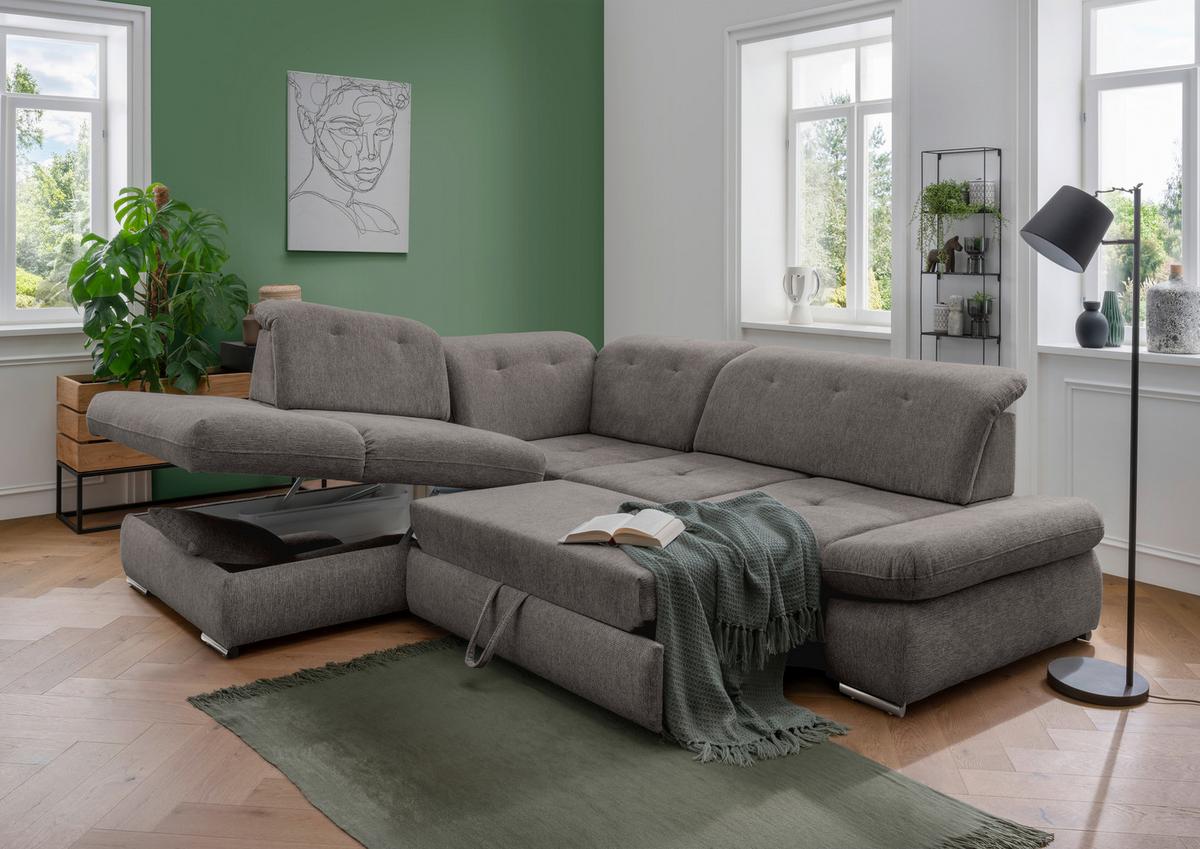 Ecksofa Mit Schlaffunktion Dalida Braun/grau Chenille - Chromfarben/Braun, Design, Textil (254/280cm) - Livetastic