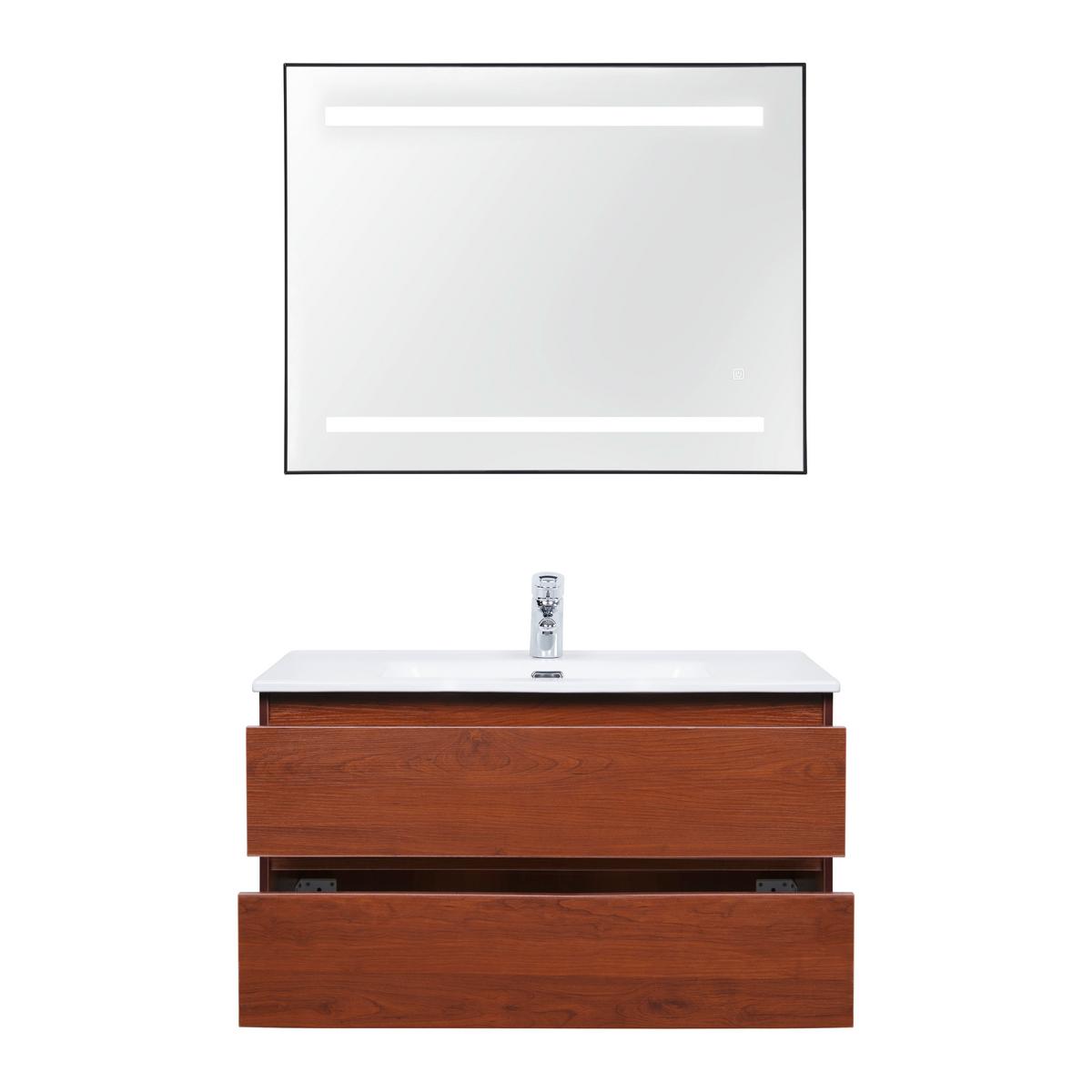 Skříňka s umyvadlem a LED zrcadlem DAVIDE - bílá/přírodní barvy, Moderní, kompozitní dřevo/keramika (91/50/46,5cm) - Livetastic