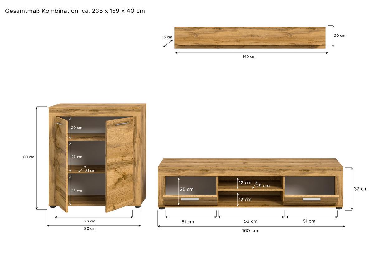 Wohnwand Jam 3-Teilig Weiß B: 255 Cm - Eiche Wotan/Schwarz, Design, Holzwerkstoff (255/159/35cm) - MID.YOU