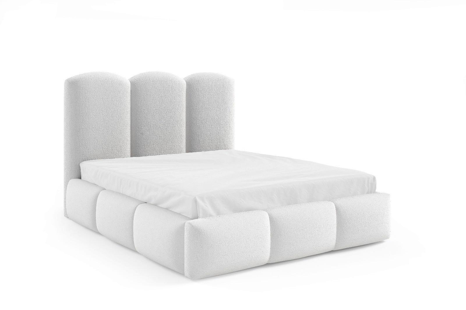 Polsterbett Bero Boucle weiß, LF: 140x200 cm - Ecru/Buchefarben, Trend, Holz/Textil (140/200cm)