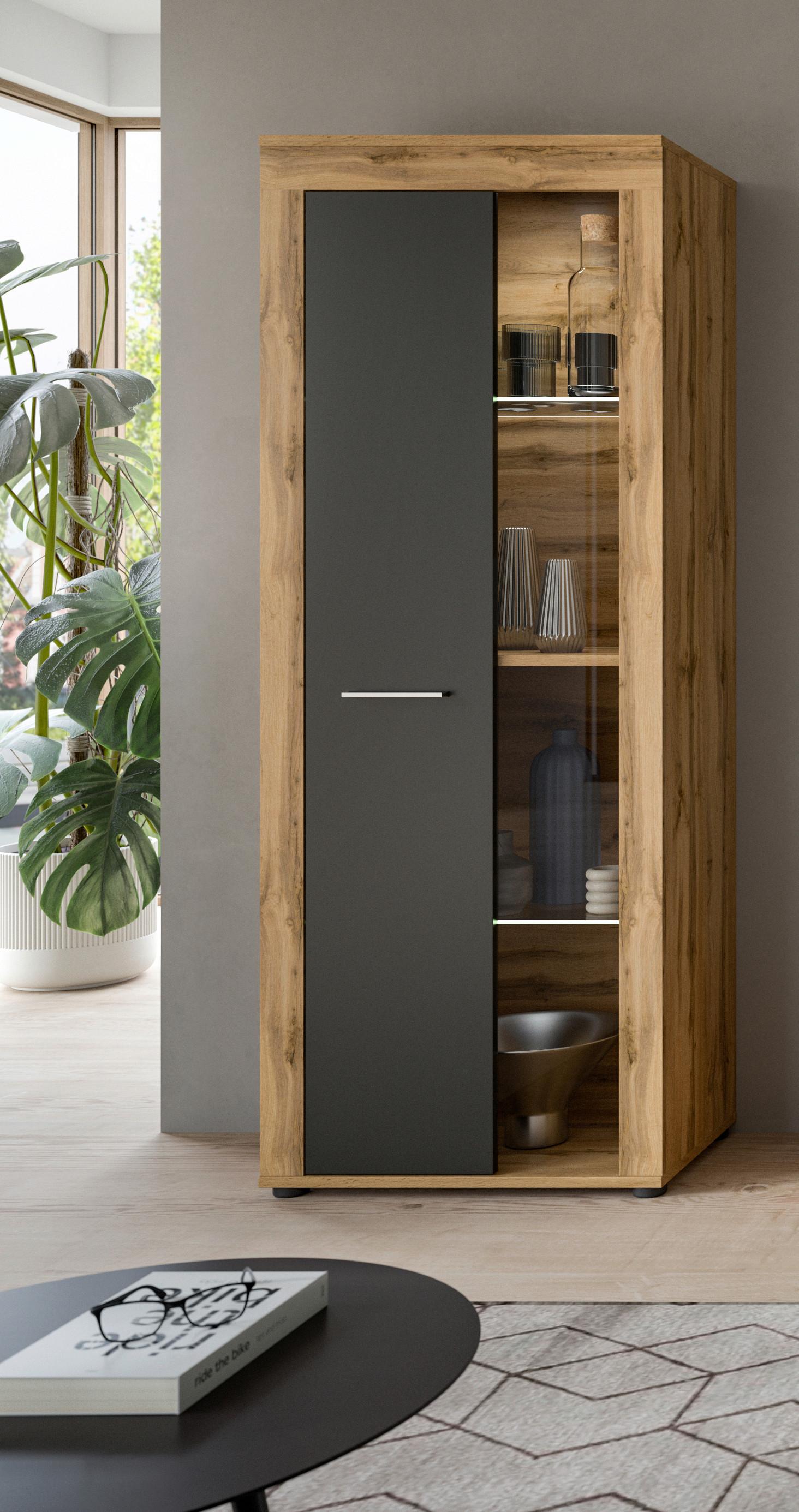 Vitrine Jam Eiche Dekor/grau B: 60 Cm - Eiche Wotan/Schwarz, Design, Glas/Holzwerkstoff (60/159/35cm) - MID.YOU