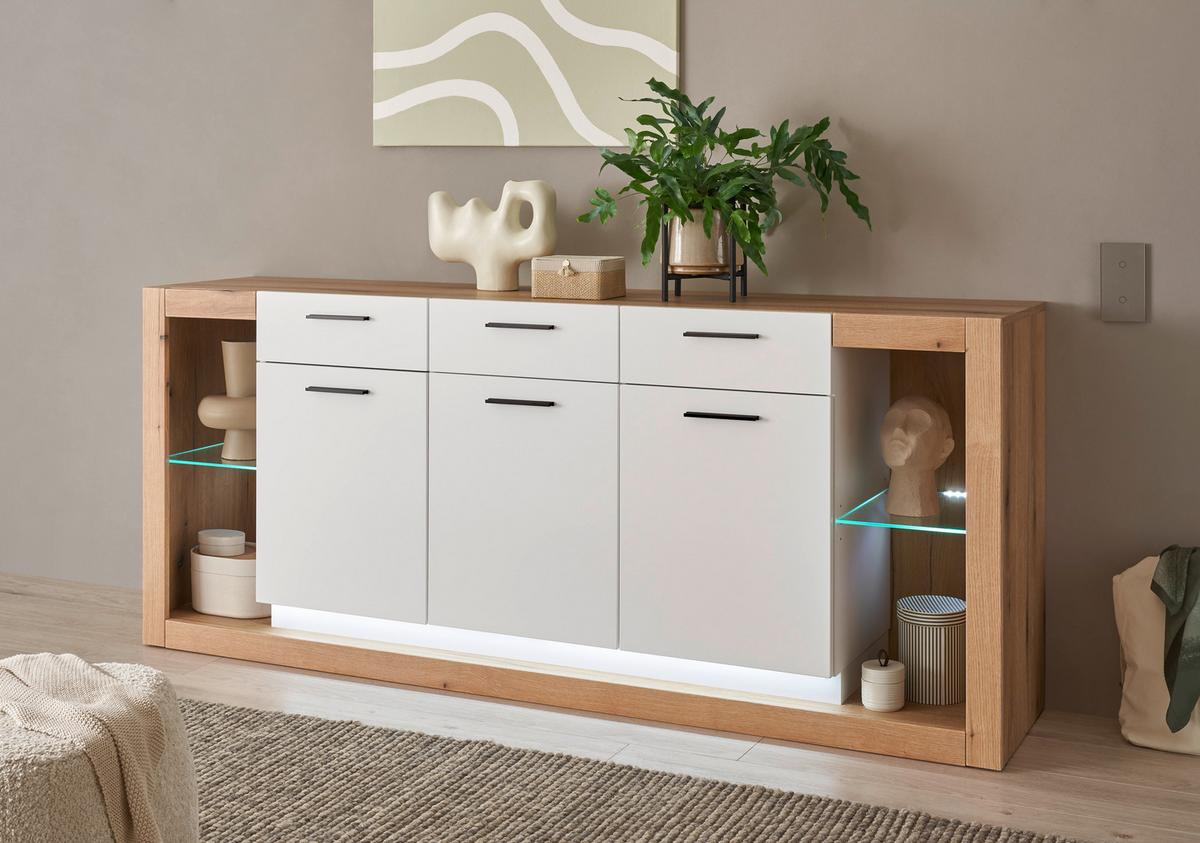 Sideboard Brixen Weiß/Eichefarben B: 198cm - Eichefarben/Weiß, Design, Glas/Holzwerkstoff (198/83/43cm) - MID.YOU