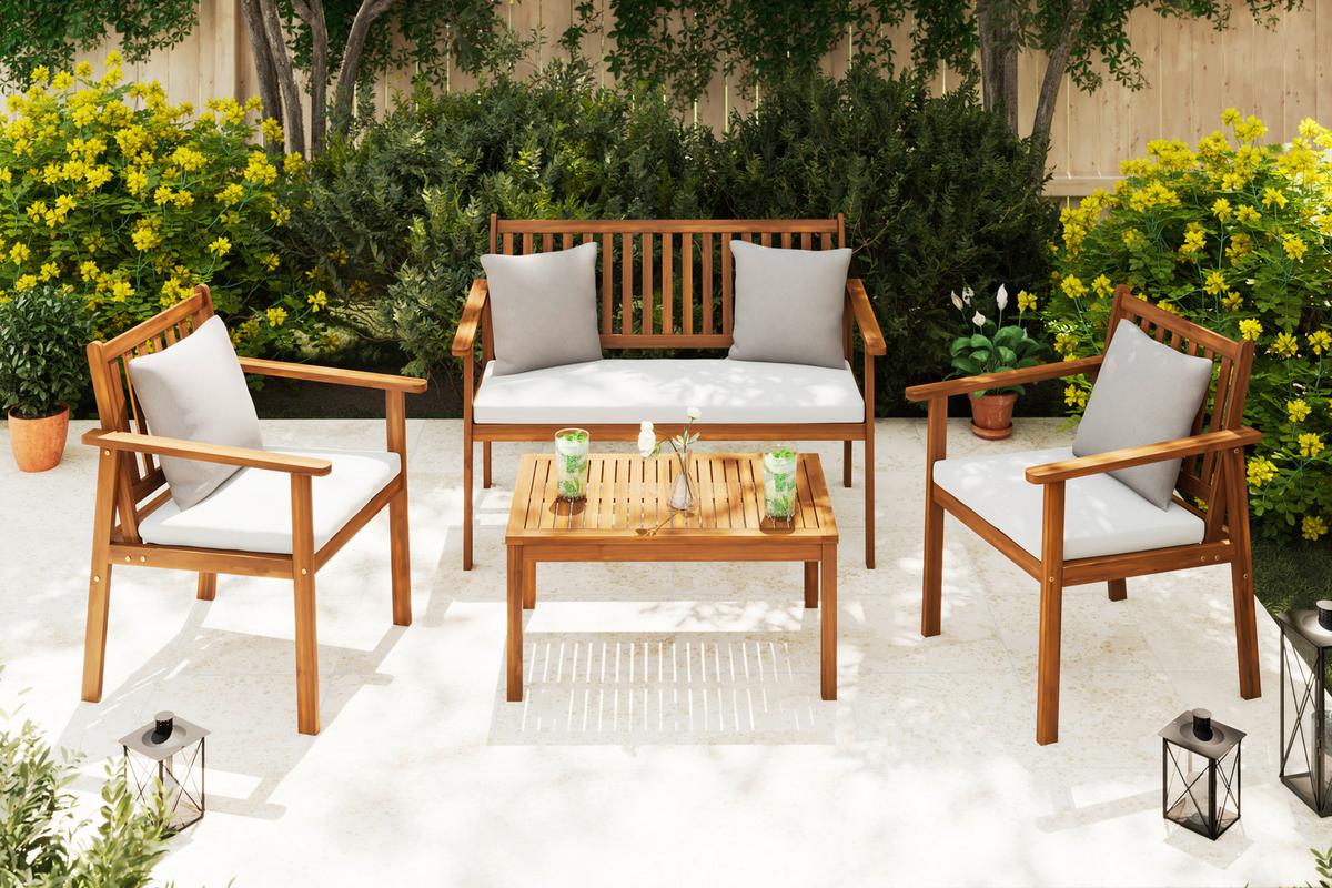 Loungegarnitur Dover - Beige/Akaziefarben, MODERN, Holz (117/81/61cm) - Beldano