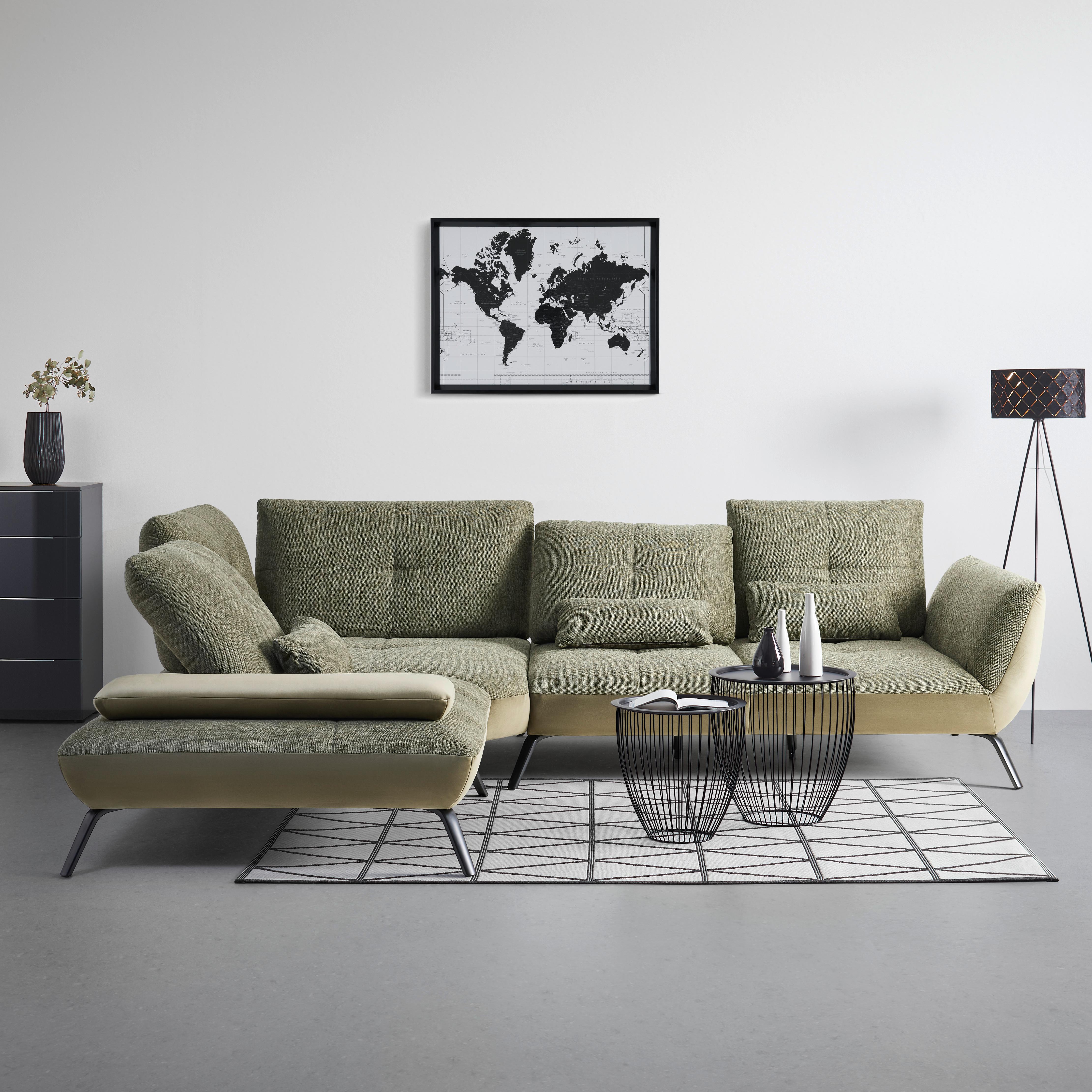 TRENDY, ľavá, olivovozelená s 3 bedrovými vankúšmi - olivovozelená/čierna, Modern, kov/kompozitné drevo (250/310cm) - Premium Living