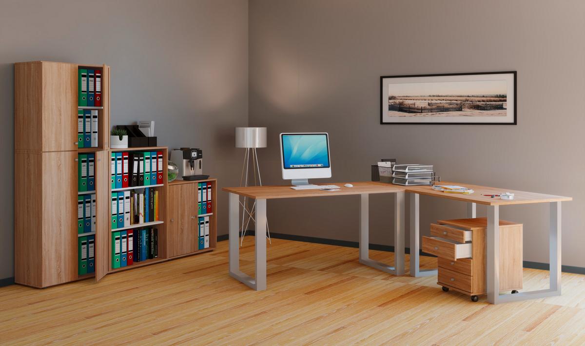 Schreibtisch Lona Silberfarben/eiche D. L: 160cm - Silberfarben/Sonoma Eiche, Design, Holzwerkstoff/Metall (160/160/76cm) - MID.YOU