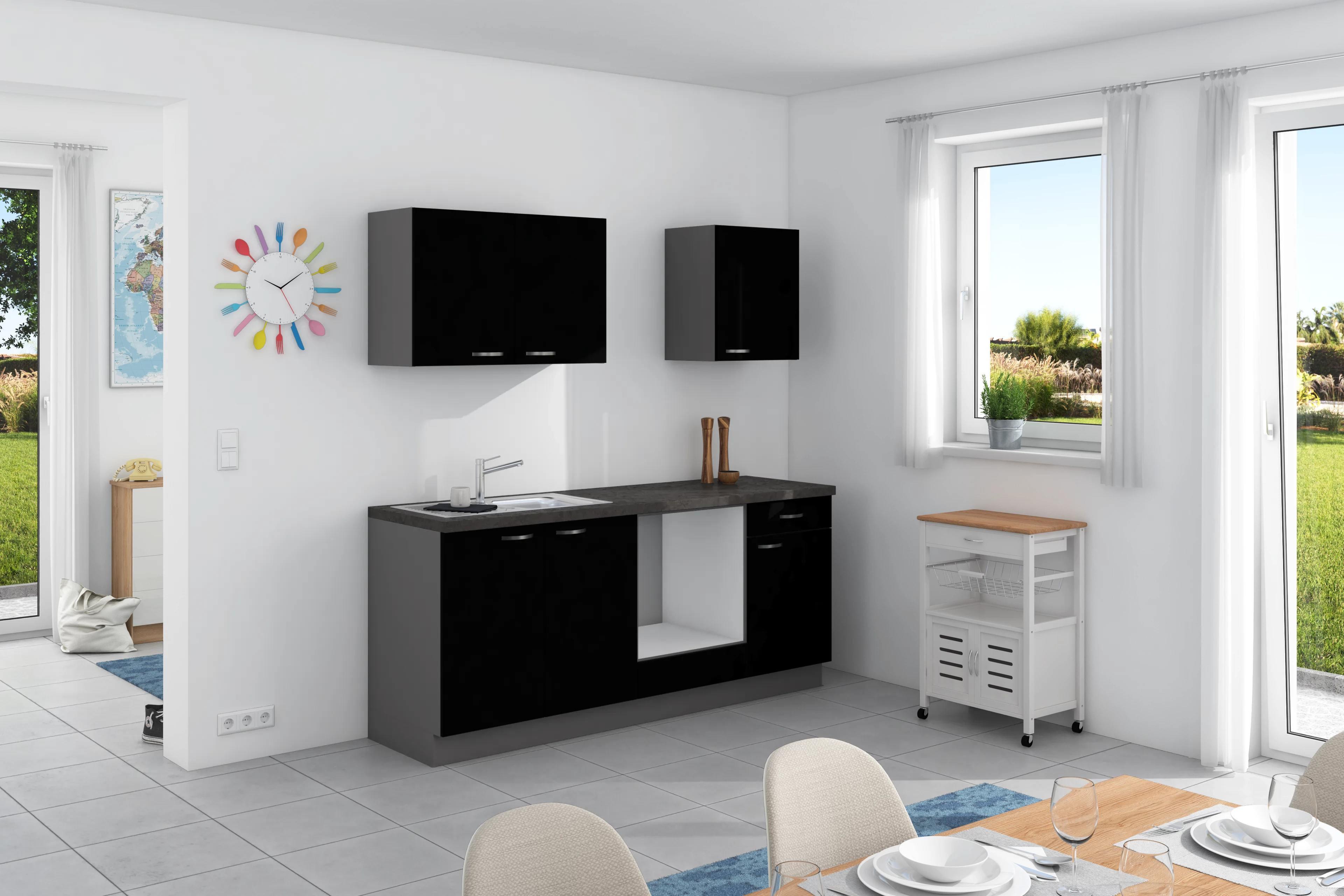 Küchenzeile Win ohne Geräte ohne Geräte B: 200 cm - Anthrazit/Schwarz, Design, Holzwerkstoff (200cm) - Express