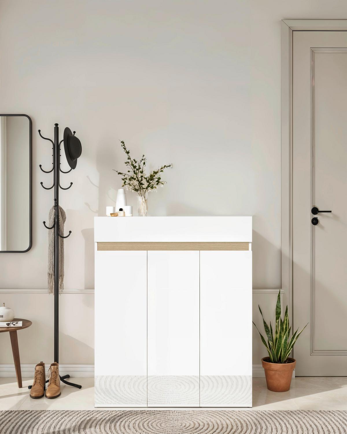 Schuhschrank Rainbow Eichefarben/weiß Hg B: 94 Cm - Eichefarben/Weiß Hochglanz, Design, Holzwerkstoff (94/114/35cm) - MID.YOU