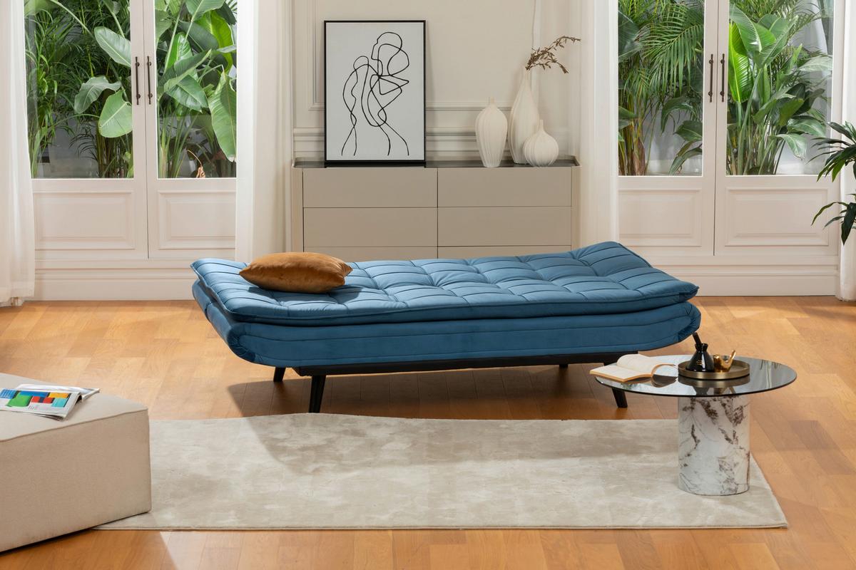 3-Sitzer-Sofa Mit Schlaffunktion Tuvalu B: 195cm - Blau/Schwarz, Design, Holz/Textil (195/96/96cm) - MID.YOU