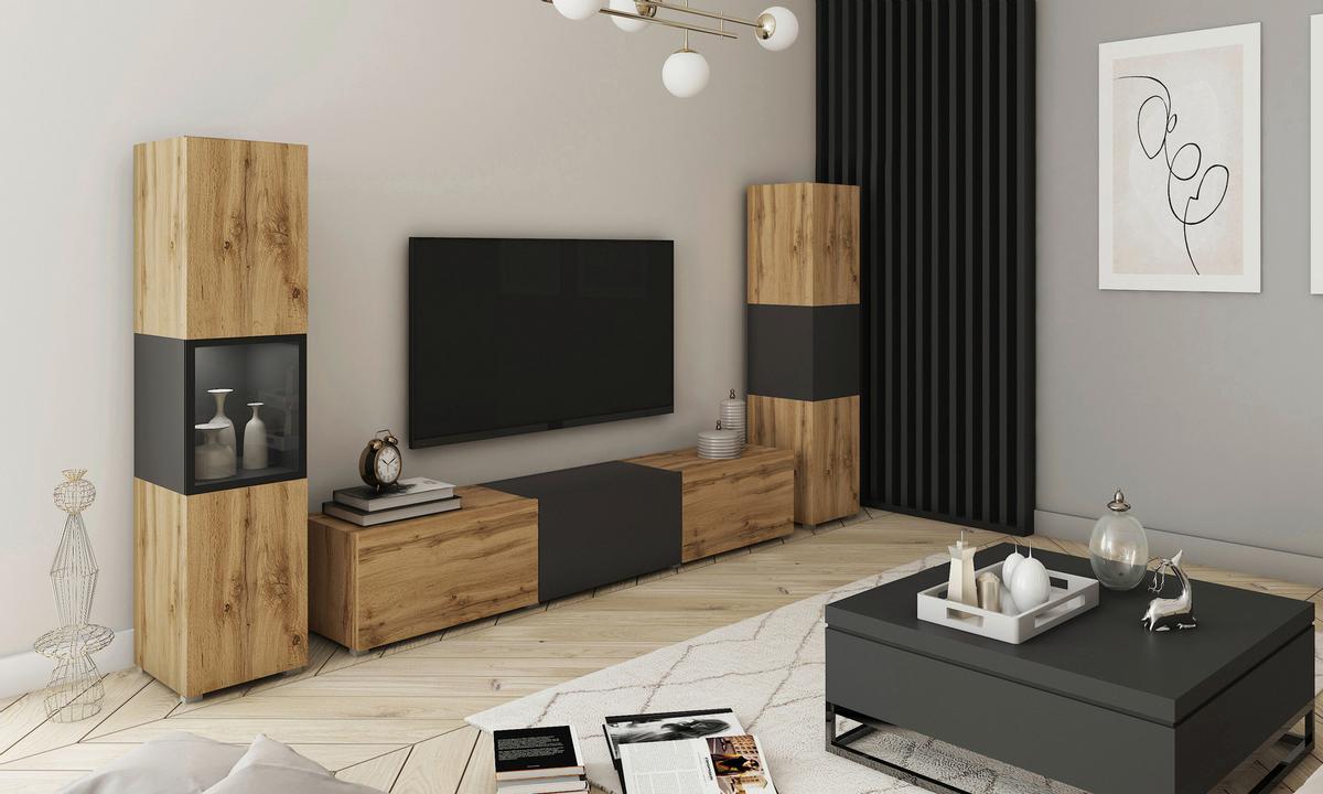 Wohnwand Berlin IIi Eiche Wotan/Schwarz B: 240 cm - Eiche Wotan/Schwarz, Design, Glas/Holzwerkstoff (240/130/31cm) - MID.YOU