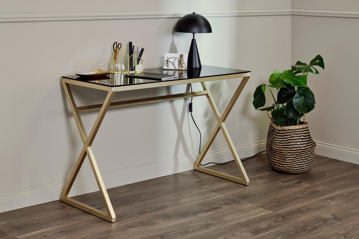 Schreibtisch B 50cm H 72cm Xtra Desk, Schwarz - Goldfarben/Schwarz, MODERN, Glas/Metall (110/50/72cm) - Livetastic
