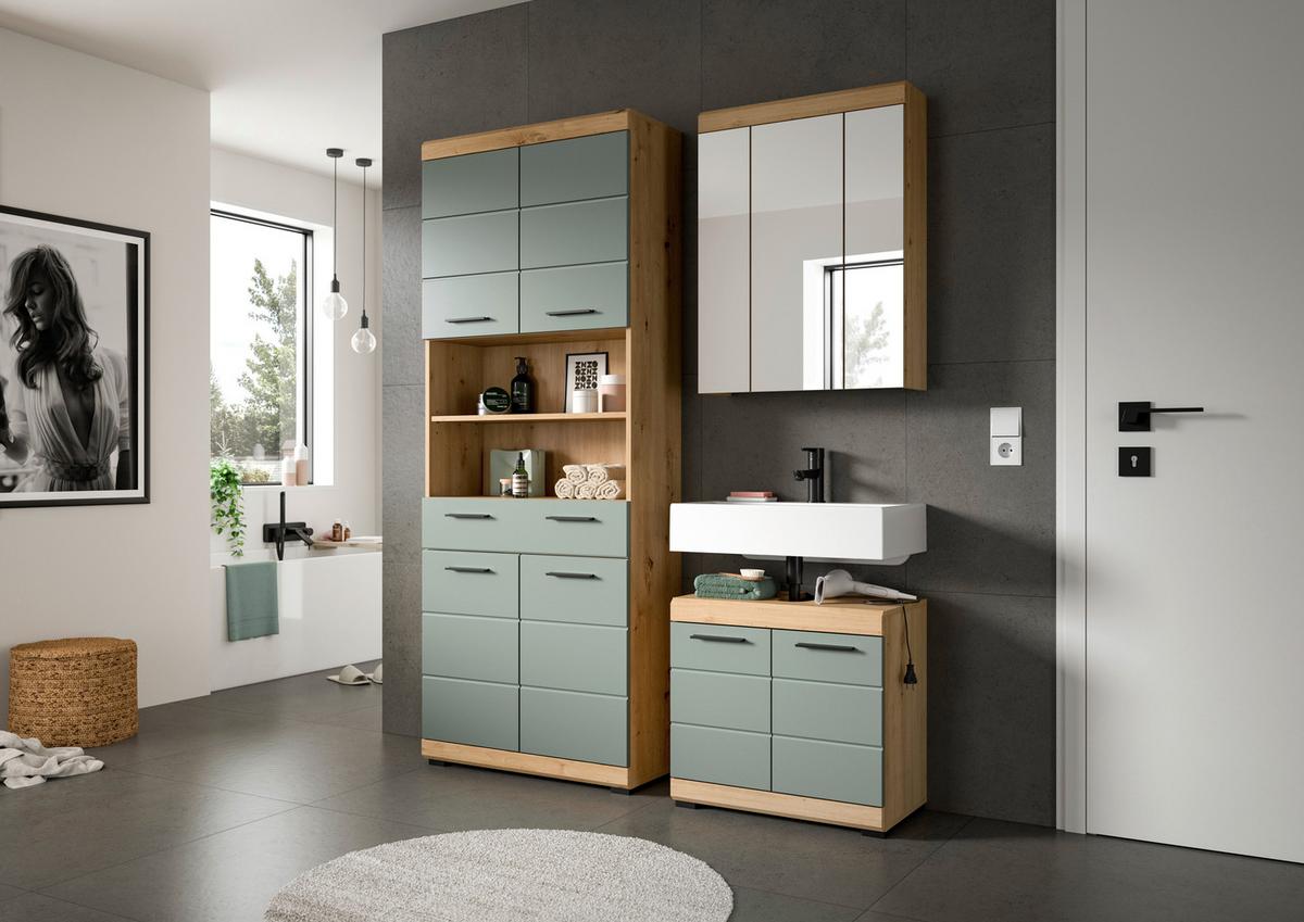 Badezimmer Scout Salbeigrün/Eiche D. B: 134 cm - Schwarz, MODERN, Holzwerkstoff (134cm) - MID.YOU