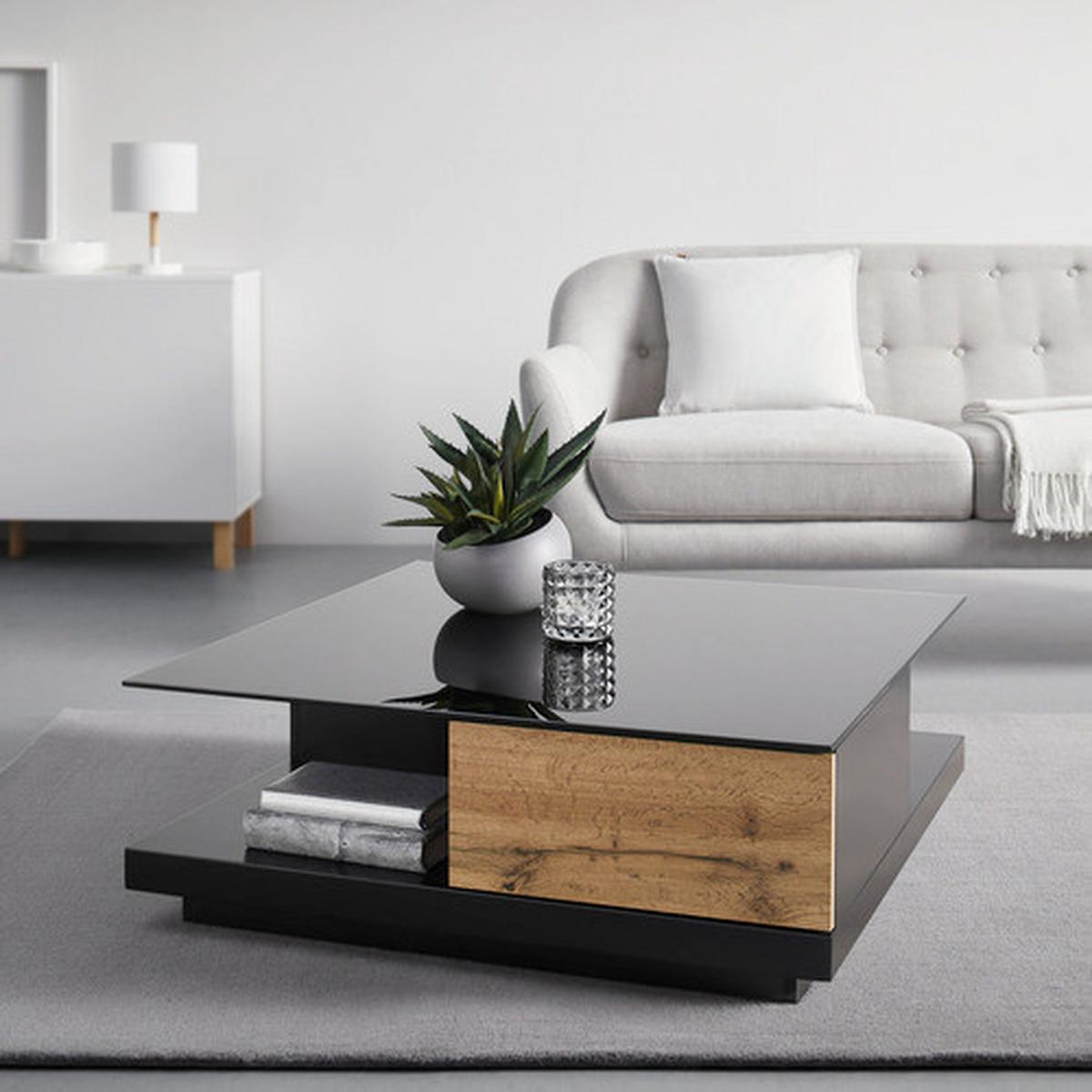 Konferenčný stolík NEVIO - čierna/farba duba, Modern, sklo (85/85/30cm) - Bessagi Home