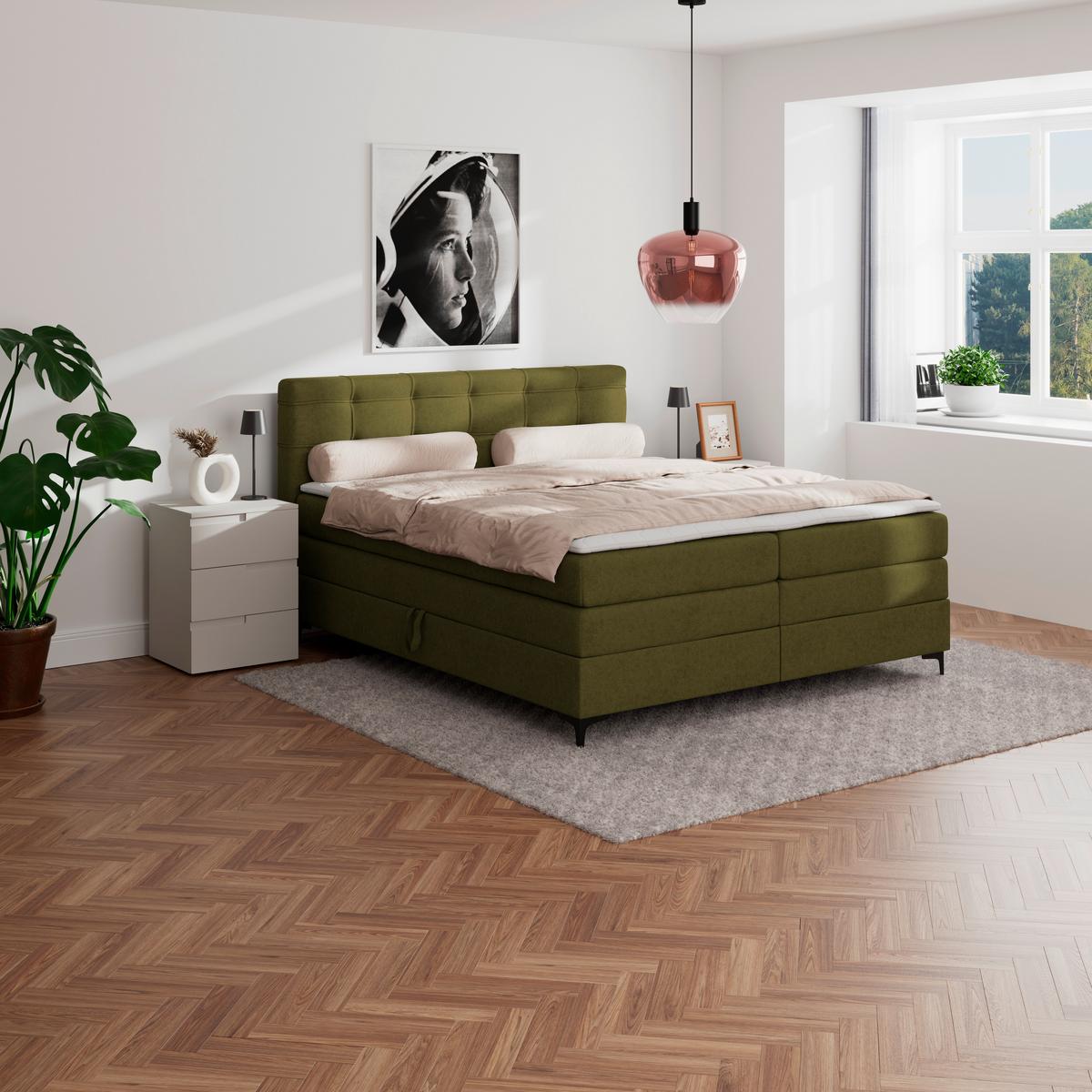 Boxspringbett MITTO Moosgrün 180x200 cm - Schwarz/Grün, KONVENTIONELL, Textil/Metall (180/200cm)