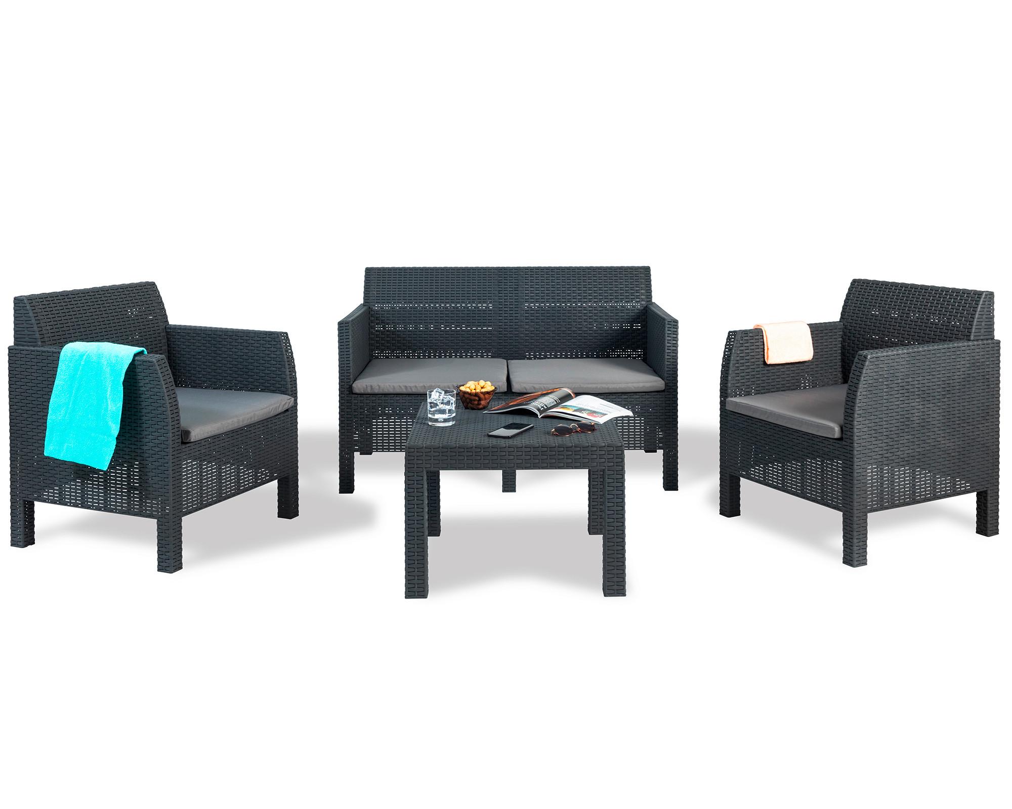 Loungegarnitur 4-tlg. Madrid Kunststoffgeflecht Mit Kissen - Anthrazit, Basics, Kunststoff (126/65/75cm)