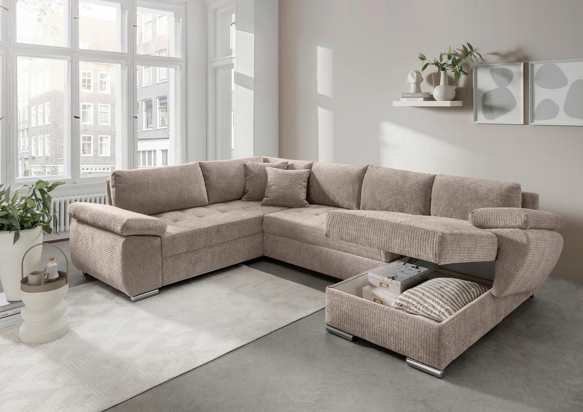 Wohnlandschaft Terana Beige mit Schlaffunktion, Mikrofaser - Chromfarben/Beige, KONVENTIONELL, Textil (219/305/157cm) - Livetastic