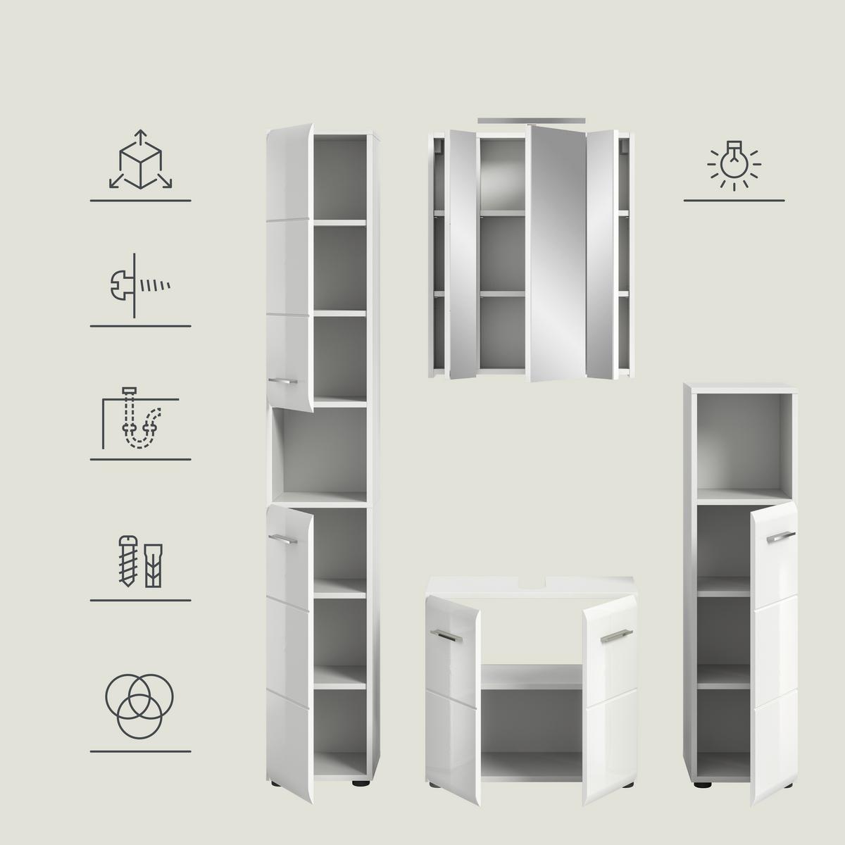 Koupelna Ice, 4-dílna, ca. 120 cm bílá - bílá/černá, Moderní, kompozitní dřevo/plast (120/185/30cm) - MID.YOU