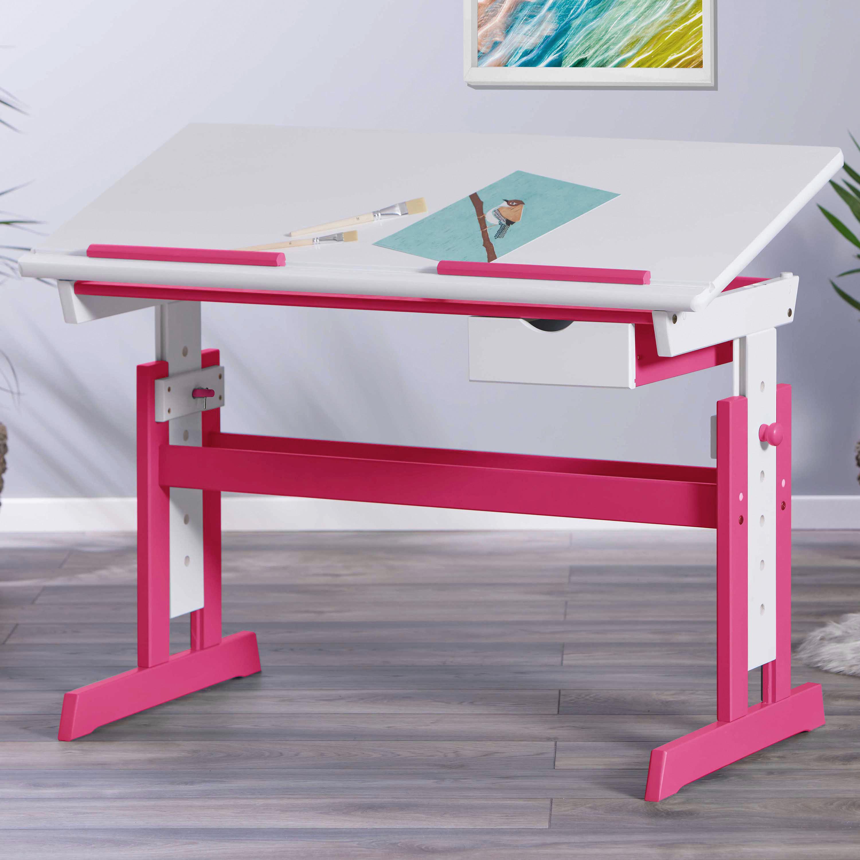 Ifjúsági Íróasztal Pijii - pink/rózsaszín, Basics, faalapú anyag/fa (109/55/62-96cm) - MID.YOU