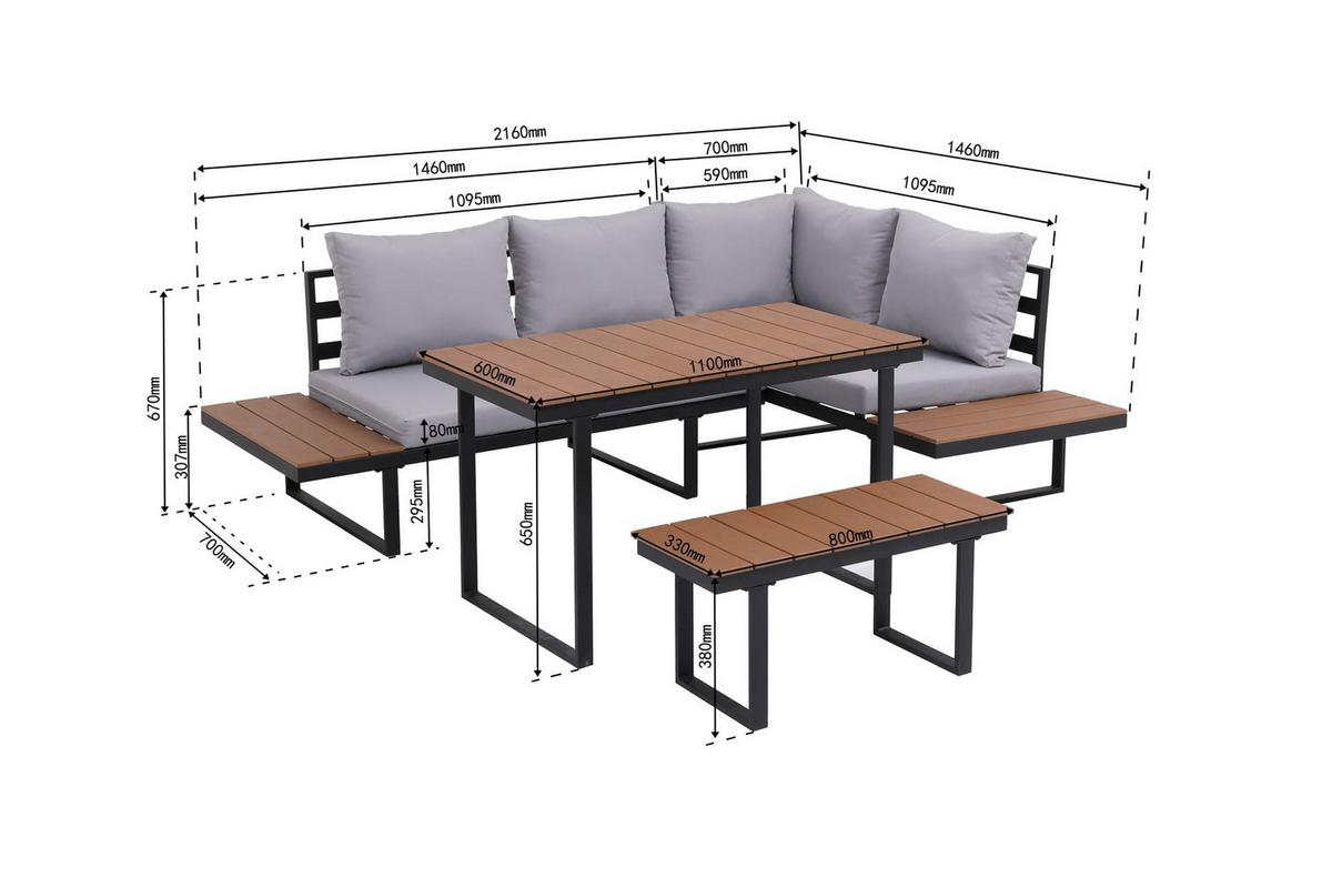 Loungegarnitur 4-tlg Aarhus Metall/holz Mit Kissen - Schwarz/Naturfarben, MODERN, Kunststoff/Textil (146/216cm) - Beldano