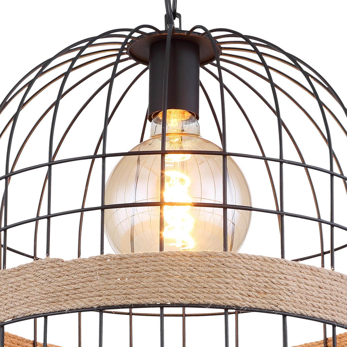 Hängeleuchte Halia H: 140 Cm 1-Flammig, Metallkäfig - Schwarz/Braun, Natur, Naturmaterialien/Metall (35/140cm) - Globo