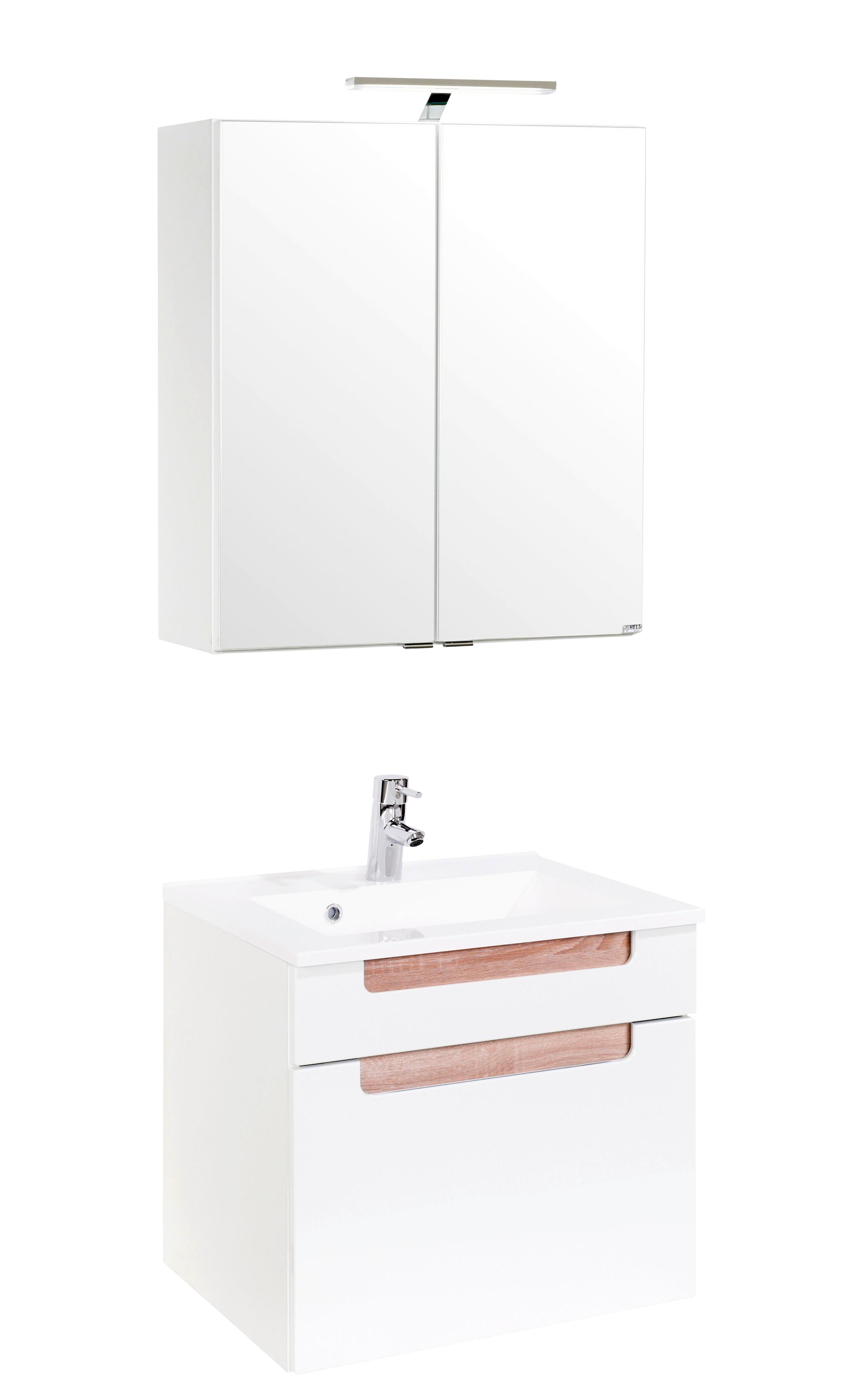 Badmöbel-Set 3-Tlg. inkl. LED Siena B: 60cm, Weiß + Eiche - Weiß/Sonoma Eiche, MODERN, Holzwerkstoff/Stein (60cm) - Held