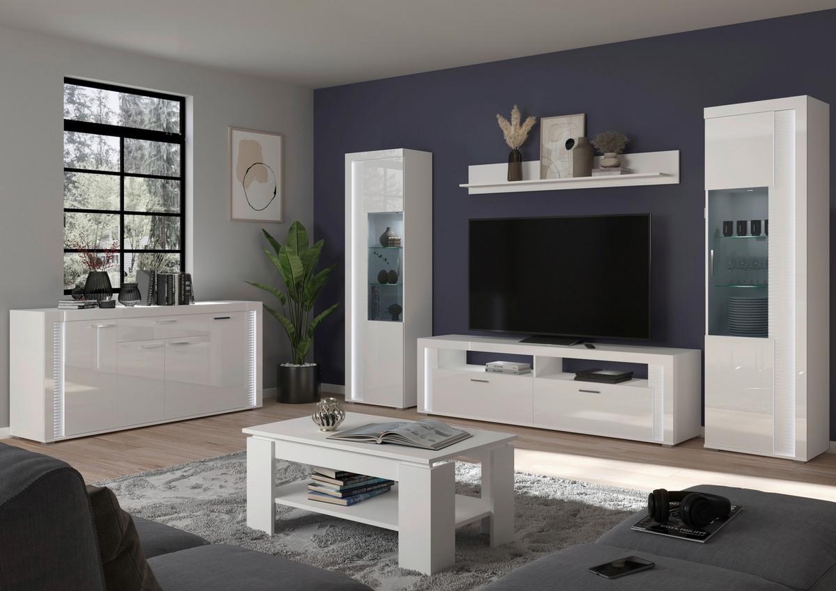 Wohnwand Skylight Weiß Hochglanz, 351cm - Weiß Hochglanz/Silberfarben, Design, Holzwerkstoff (351/202/46cm) - MID.YOU