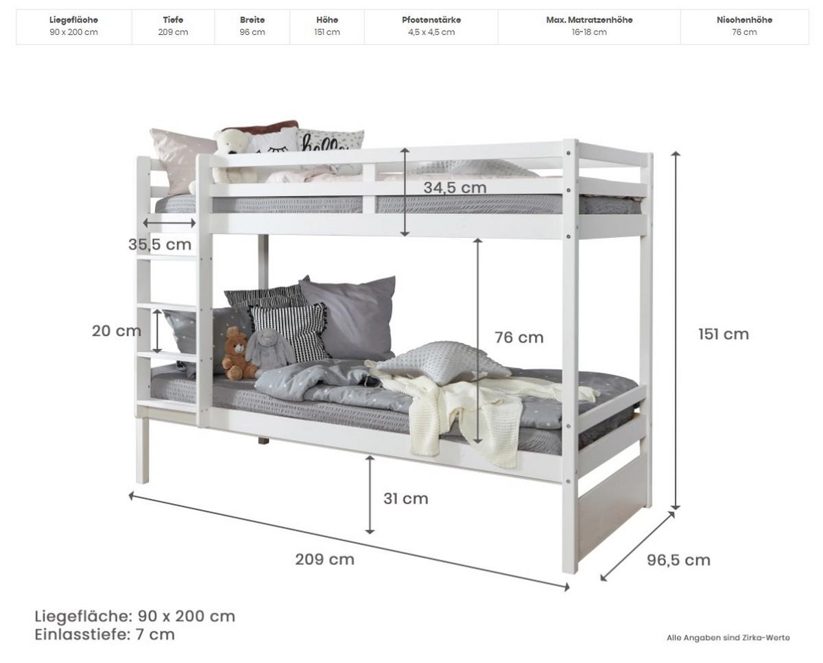 Etagenbett Finn Weiß Kiefer massiv mit Leiter - MODERN (90/200cm) - MID.YOU