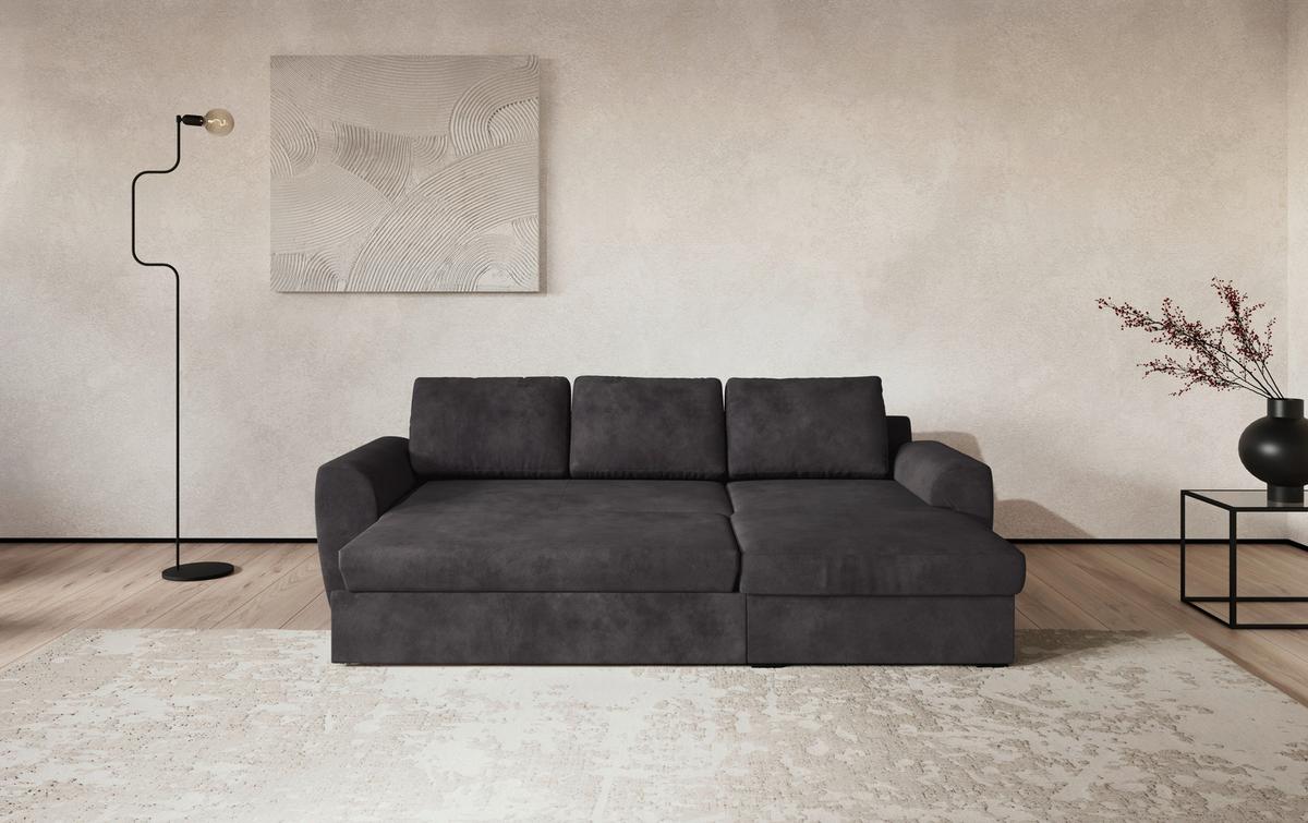 Ecksofa mit Bettfunktion Mikrofaser schwarz, B: 253cm - Schwarz, Trend, Textil (253/154cm) - MID.YOU