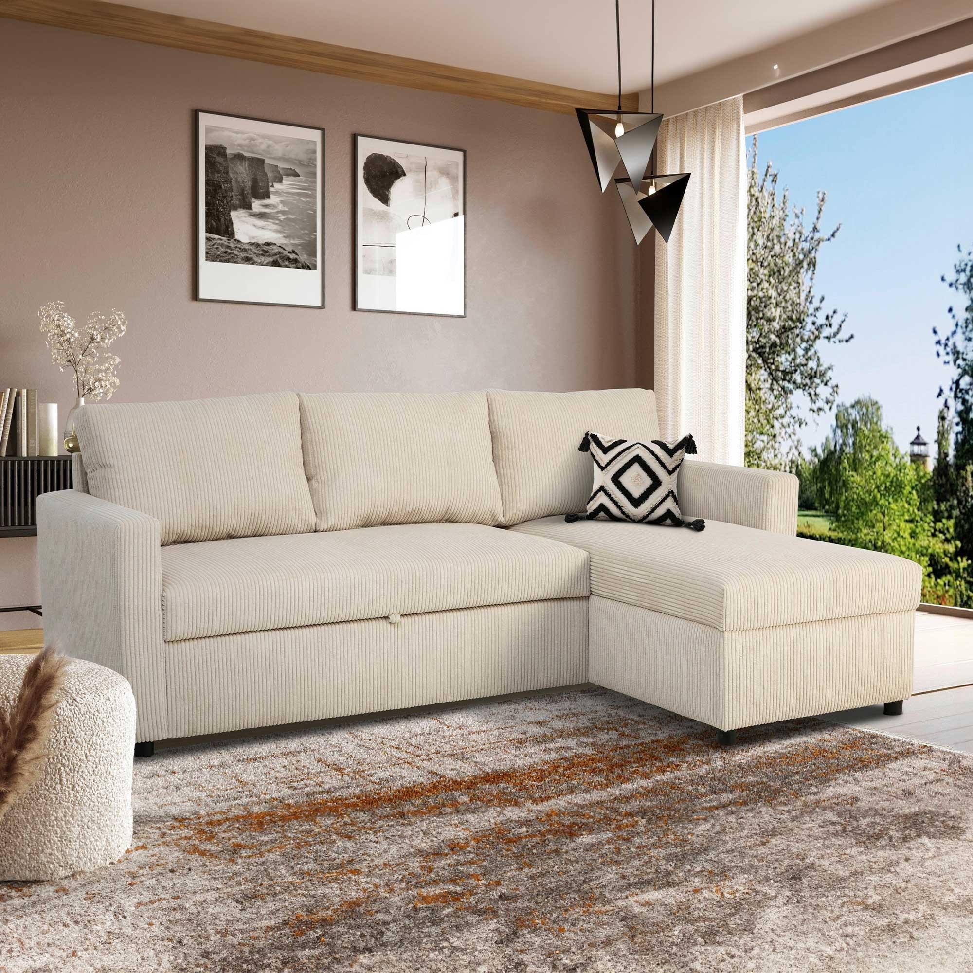 Ecksofa Paris Beige mit Schlaffunktion L: 215 cm - Beige, Basics, Holz/Holzwerkstoff (215/145/82cm)