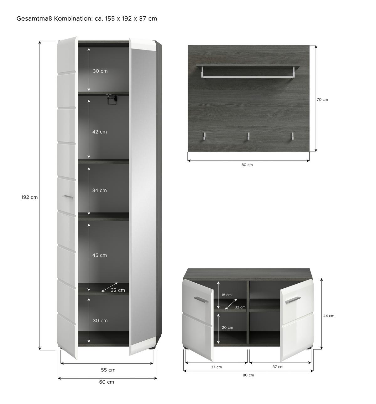 Garderobe Salsa Weiß/Rauchsilber B: 155 cm - Weiß Hochglanz, Design, Holzwerkstoff (155/192/37cm) - MID.YOU