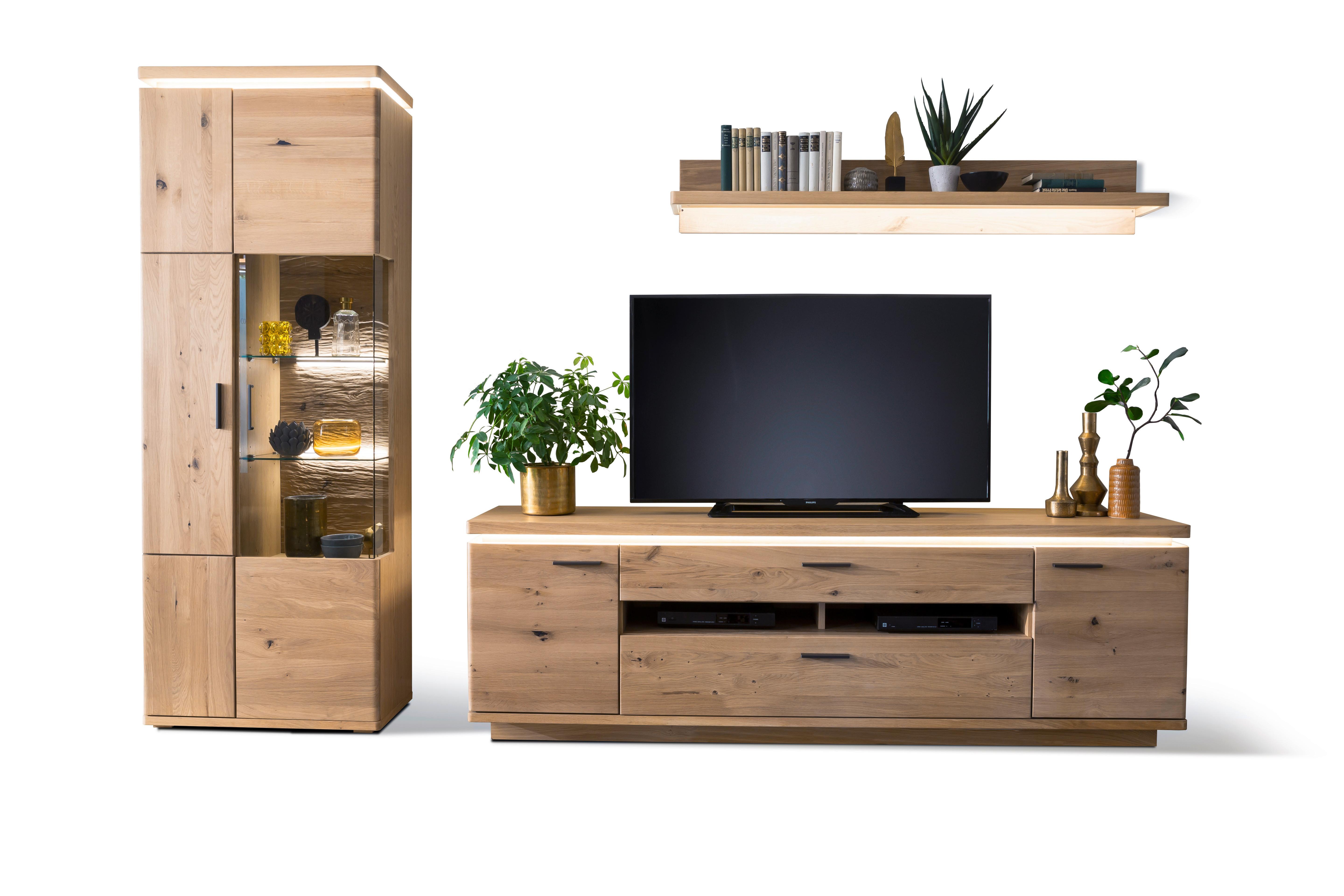 Wohnkombination teilmassiv 3--Teilig. Barcelona Eichefarben - Eichefarben, Design, Glas/Holz (300/204/50cm) - Livetastic