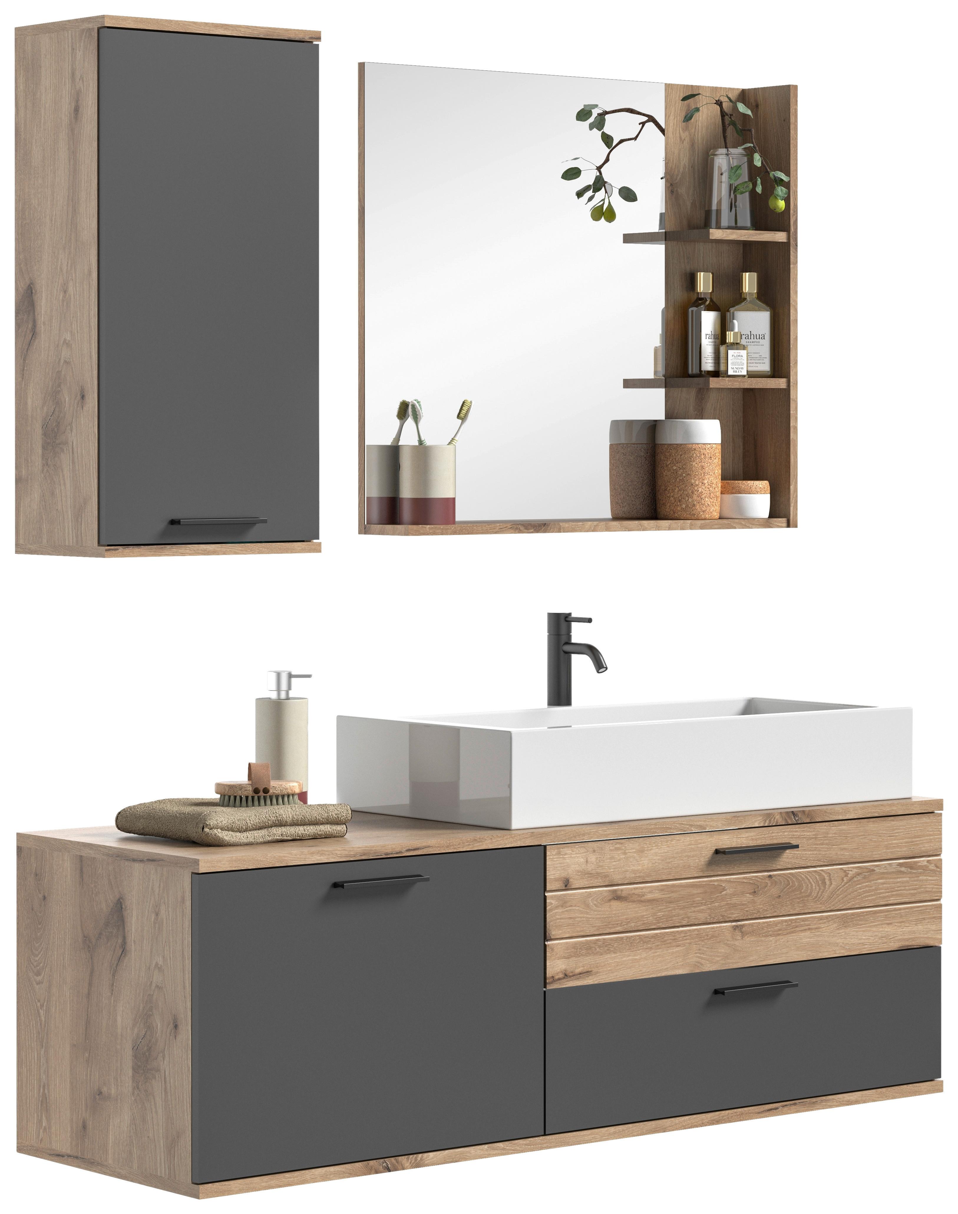 Badezimmer Mason Eiche Dekor Grau - Eichefarben/Weiß Hochglanz, MODERN, Glas/Keramik (140cm) - MID.YOU