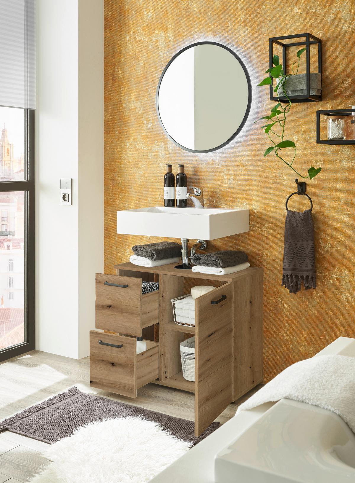 Waschbeckenunterschrank Vanice B: 70 Cm Eiche Dekor - Eichefarben/Schwarz, MODERN, Holzwerkstoff (70/60/35cm) - MID.YOU