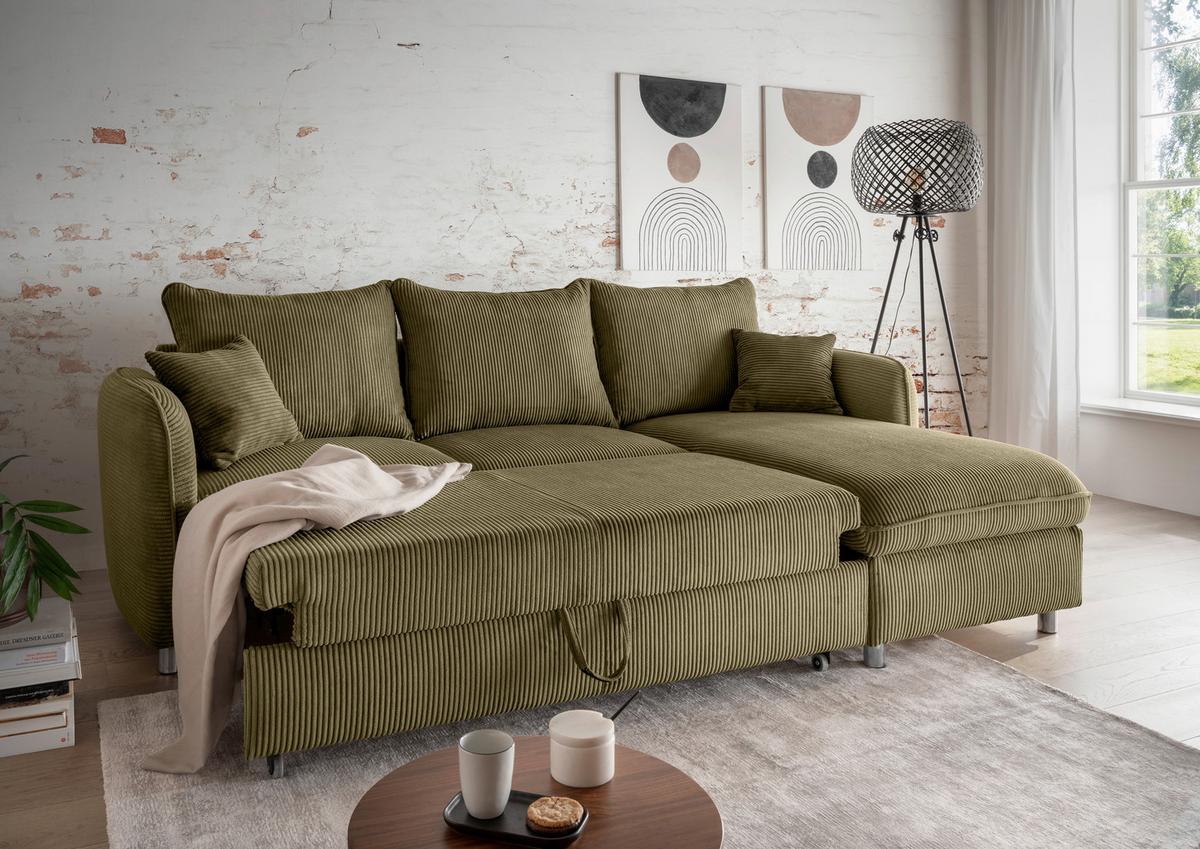 Eckschlafsofa Lauritio Olivgrün S: 254x160 cm - Chromfarben/Olivgrün, MODERN, Textil (254/160cm) - Livetastic