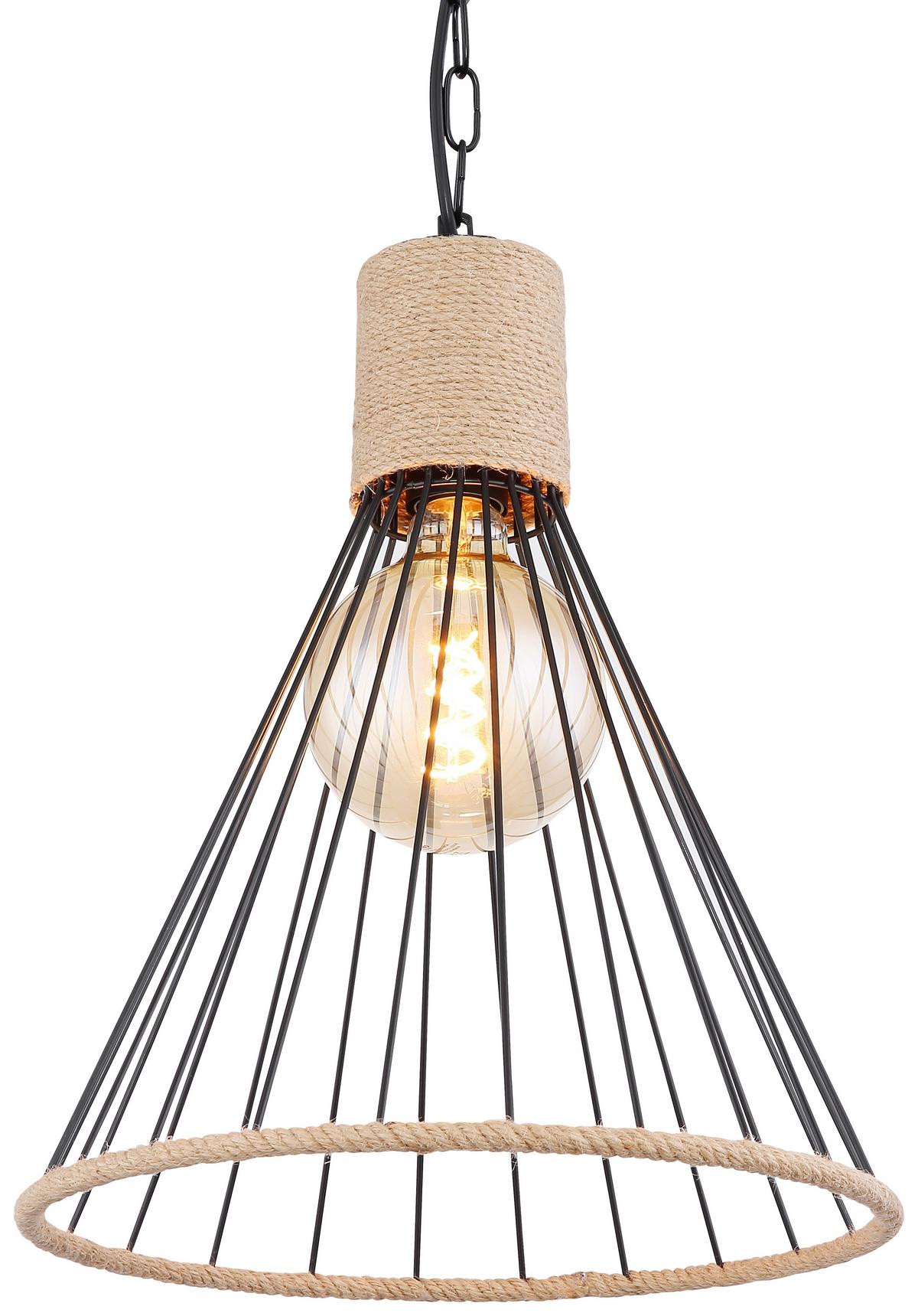 Hängeleuchte Halia H: 140 cm 1-Flammig, mit Hanfseil - Schwarz/Braun, Natur, Naturmaterialien/Metall (35/140cm) - Globo