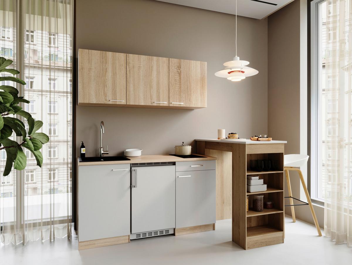 Miniküche Ingrid Weiß/Eichefarben B: 150cm - Eichefarben/Weiß, Design, Holzwerkstoff (150cm) - Respekta