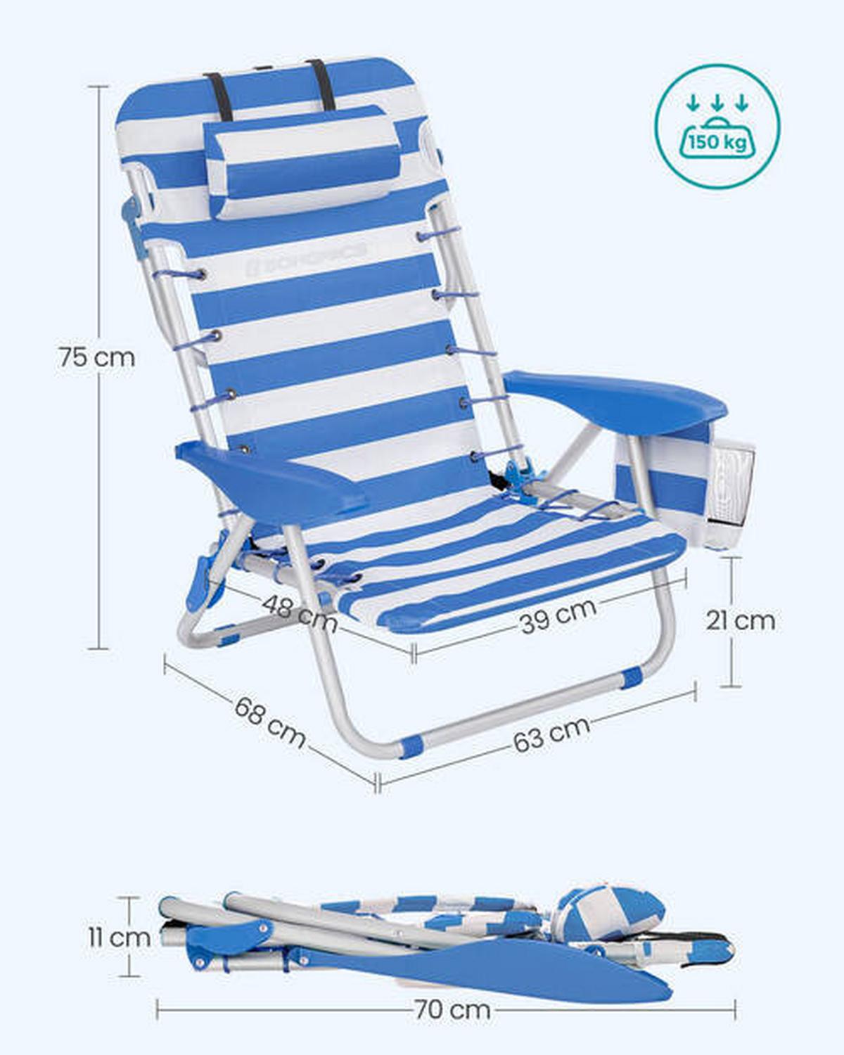 Strandsessel Blau Weiß Klappbar, B: 68 cm - Blau/Weiß, Basics, Textil/Metall (68/75/63cm) - Modante