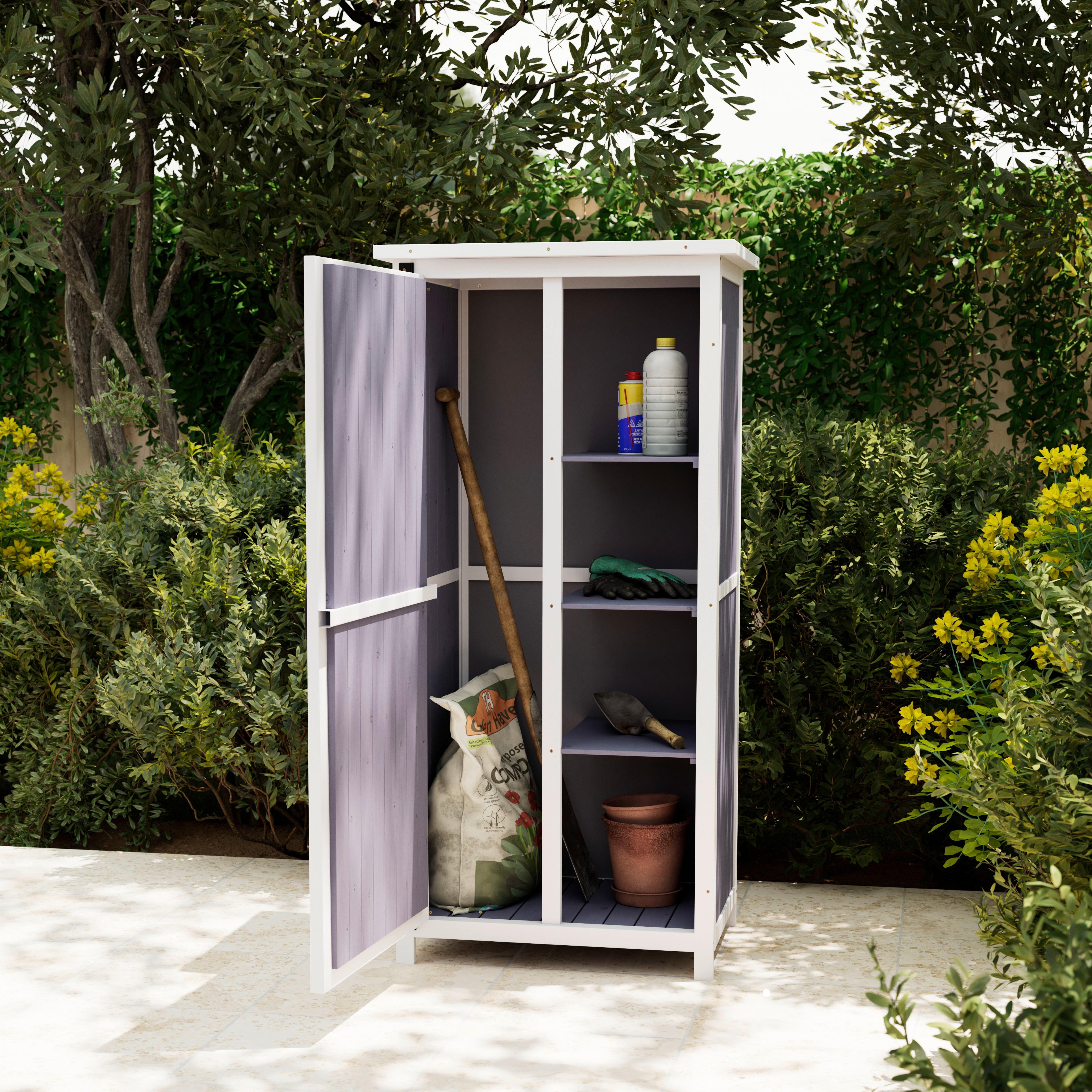 Záhradný domček na náradie Nella, drevený - sivá/biela, Modern, drevo (69,5/52/142,5cm) - Bessagi Garden