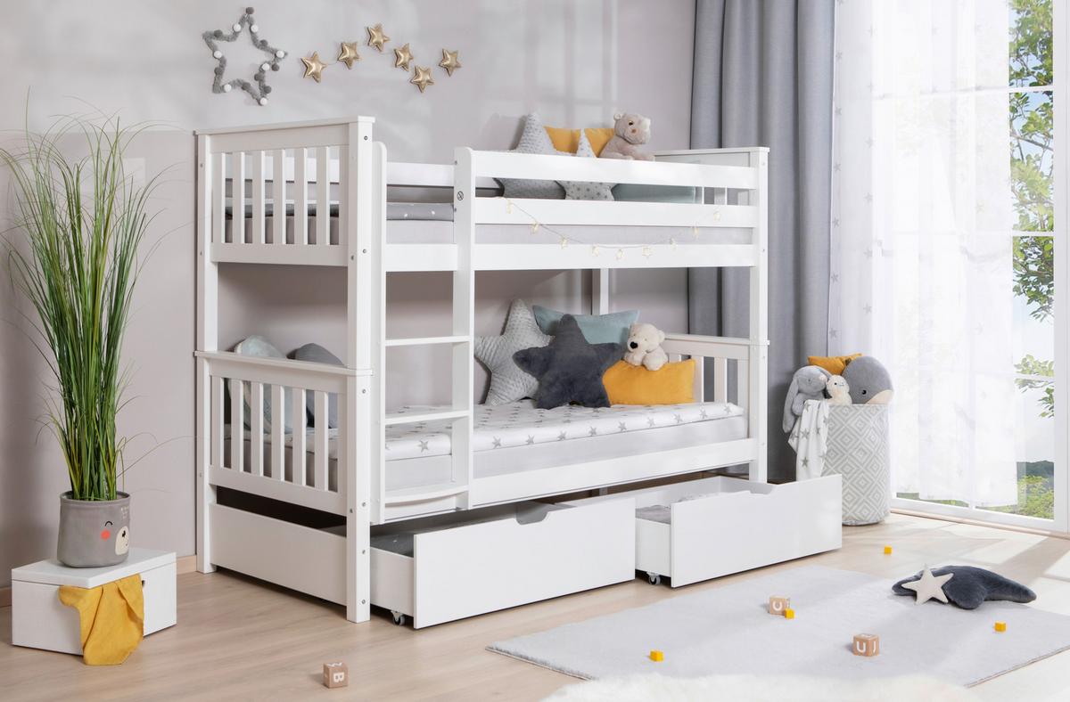 Etagenbett Sammy Weiß Kiefer Massiv 90 cm mit Schubladen - Weiß, MODERN, Holz (90/200cm) - MID.YOU