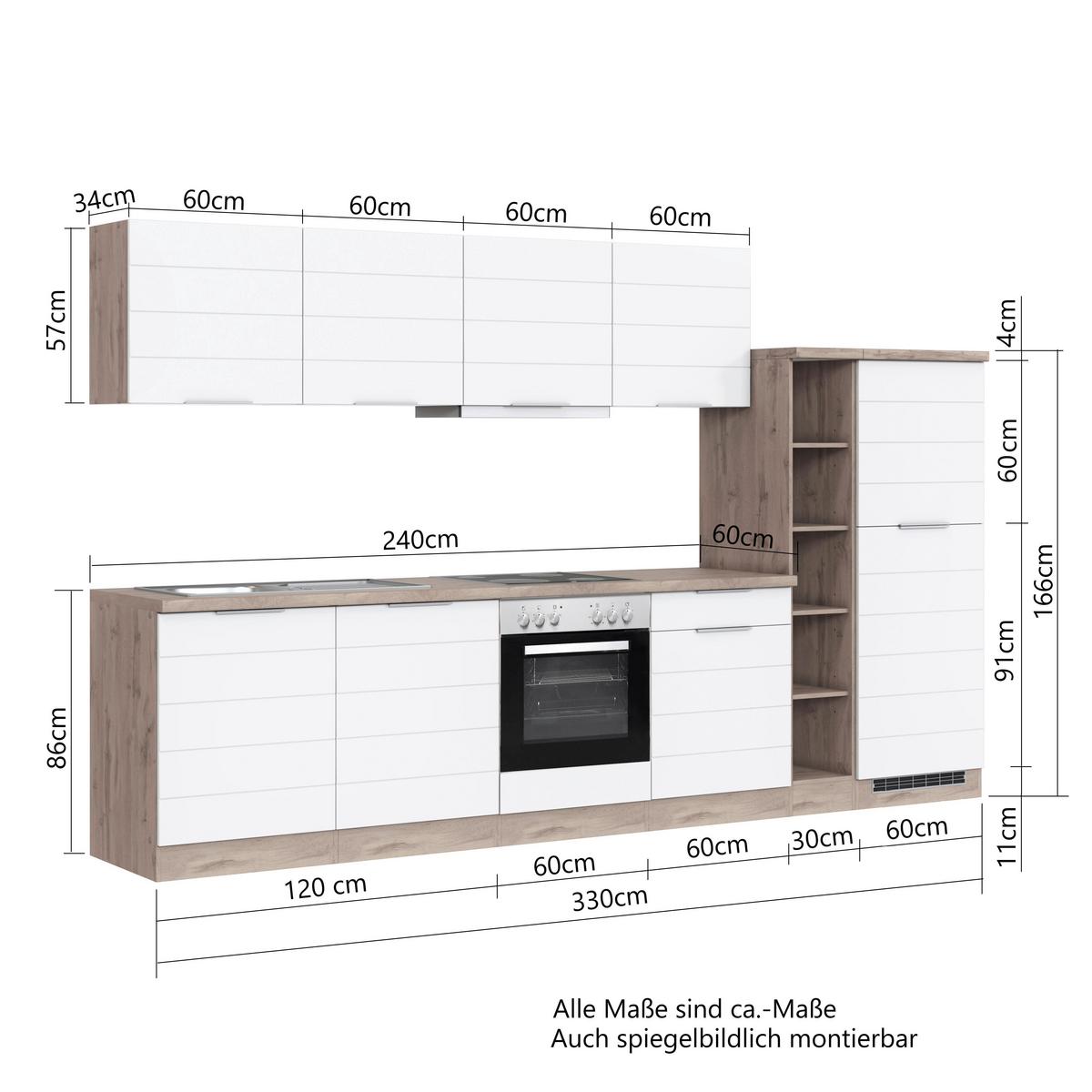 Küchenzeile Florenz mit Geräte B: 330 cm Grau/Eiche Dekor - Eiche Wotan/Grau, Design, Holzwerkstoff (330cm) - Held
