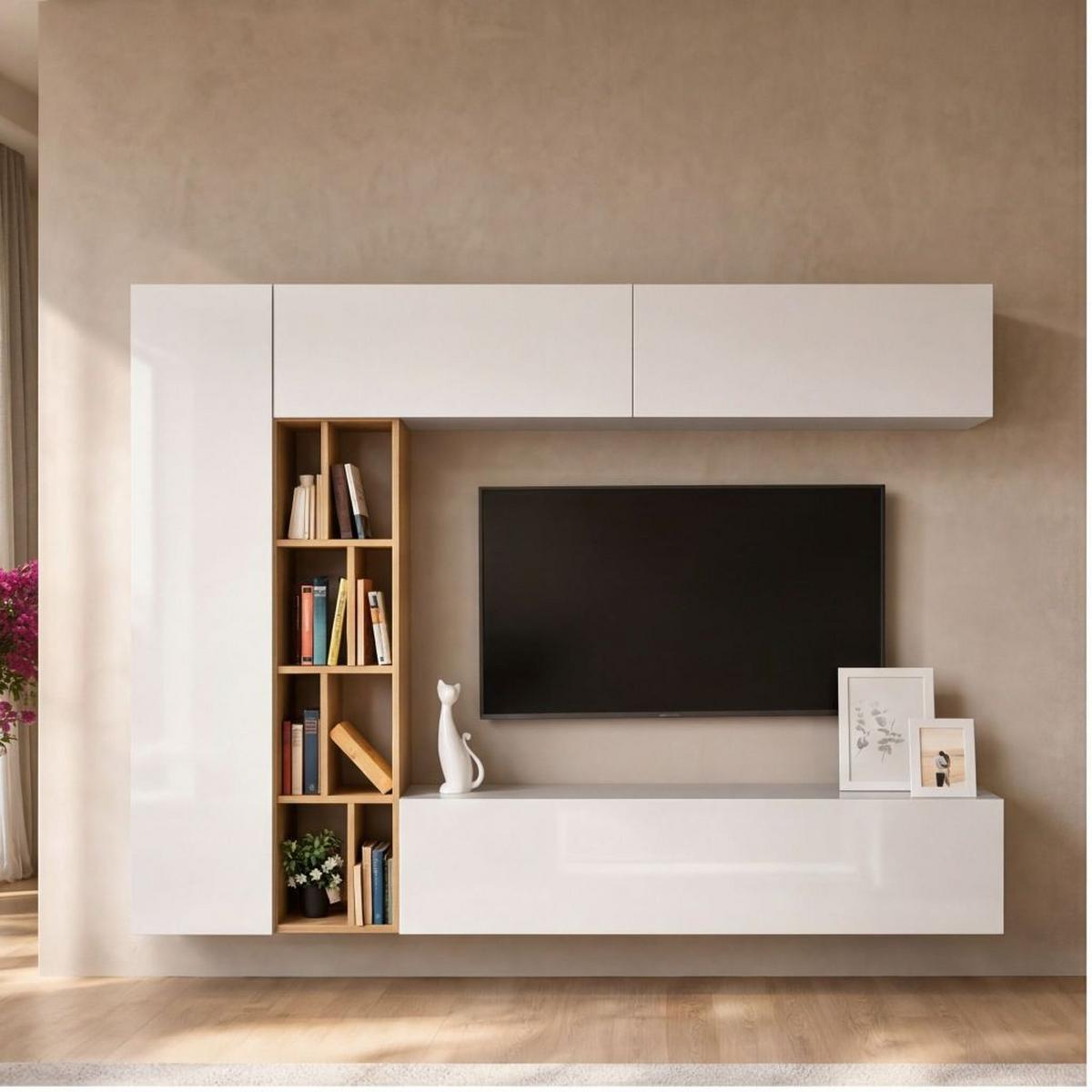 Obývacia stena BRANDY - biela s vysokým leskom/dub sonoma, Modern, kompozitné drevo (224/160/35cm) - Ti'me