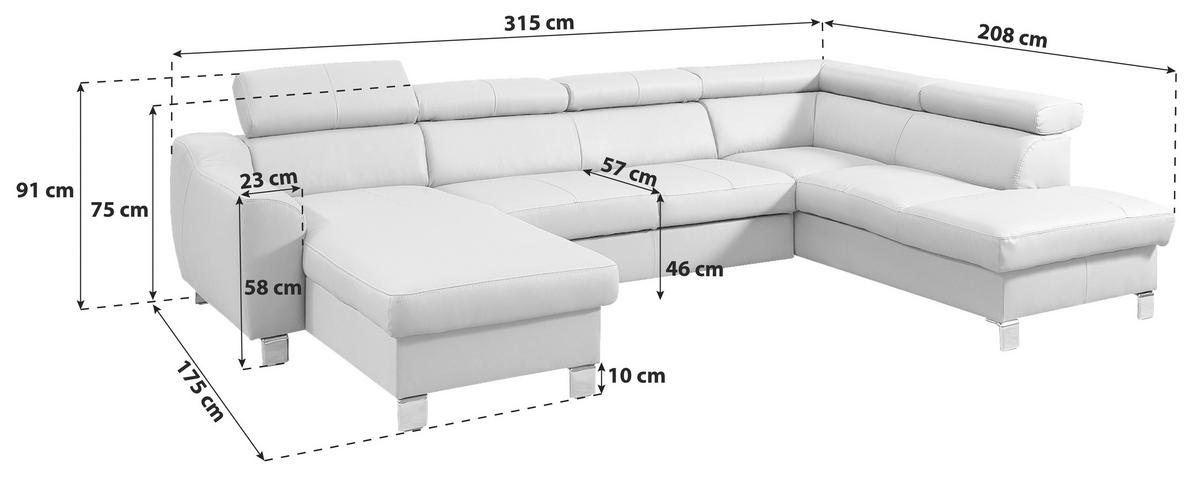 Wohnlandschaft Aspen Schwarz U-Form: 175 Cm - Chromfarben/Schwarz, Design, Leder/Textil (175/315/175cm) - Livetastic