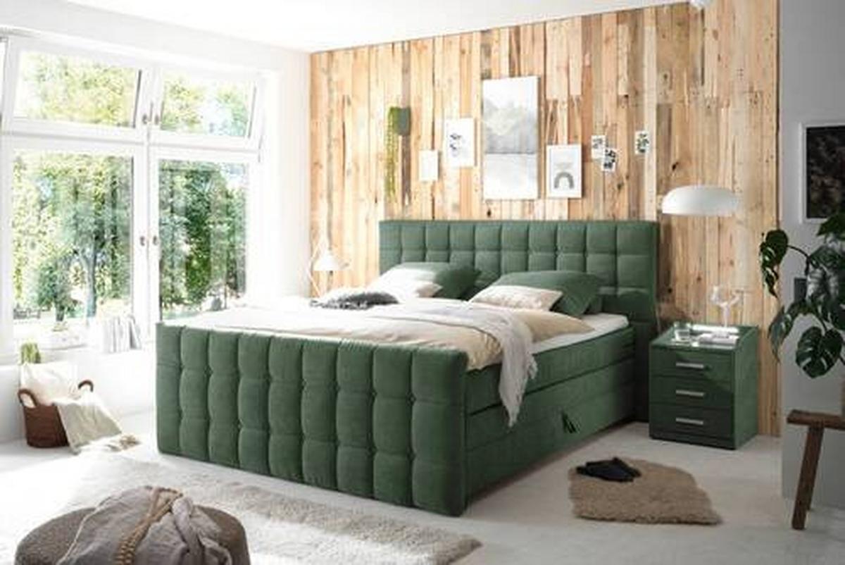 Boxspringbett Mit Topper & Bettkasten 180x200 Mendoza - Schwarz/Olivgrün, MODERN, Holzwerkstoff/Textil (180/200cm) - MID.YOU