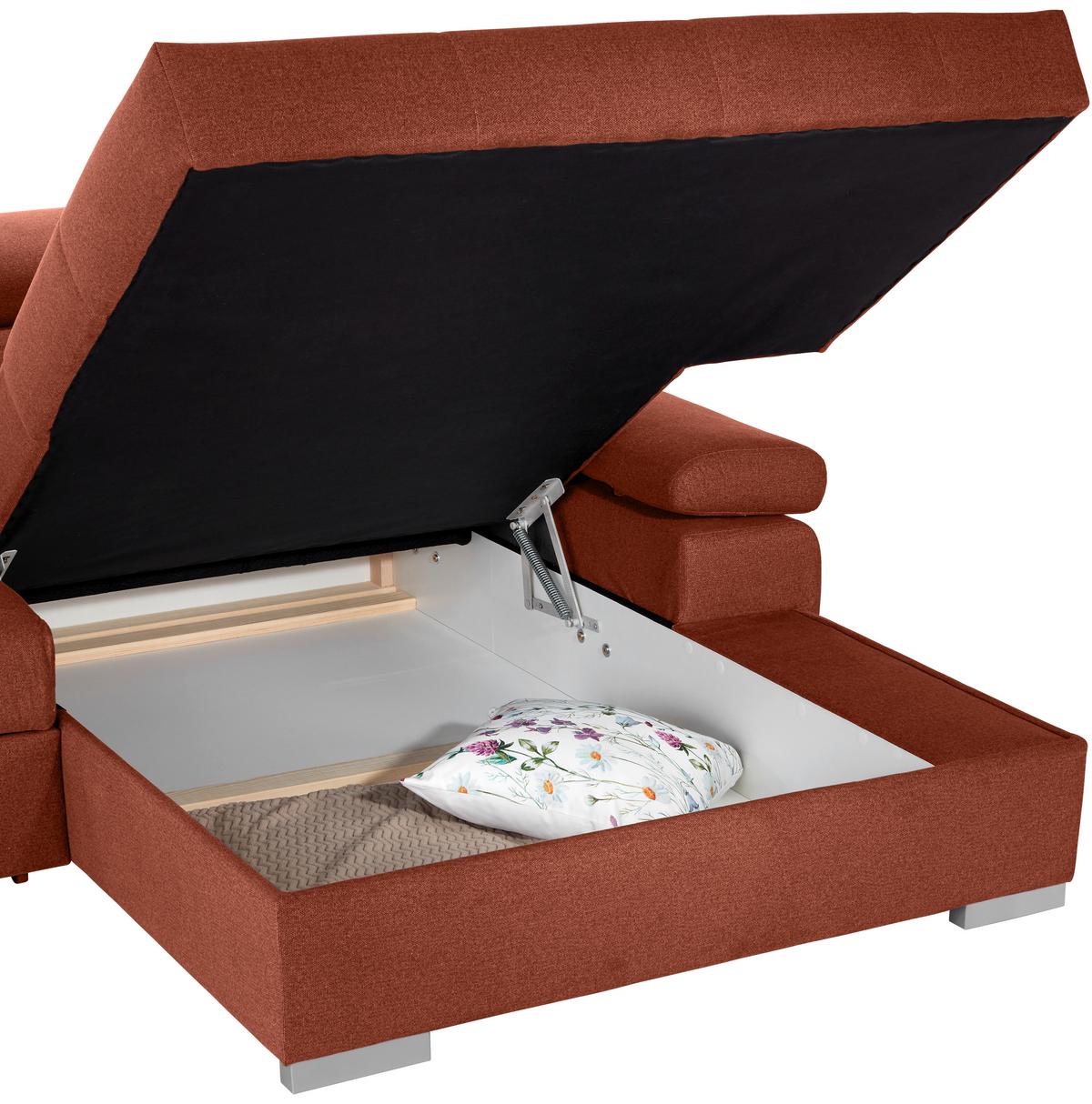 Ecksofa Mit Bettkasten Perry Rostfarben 292x183 Cm - Rostfarben/Silberfarben, Design, Textil (292/183cm) - Livetastic