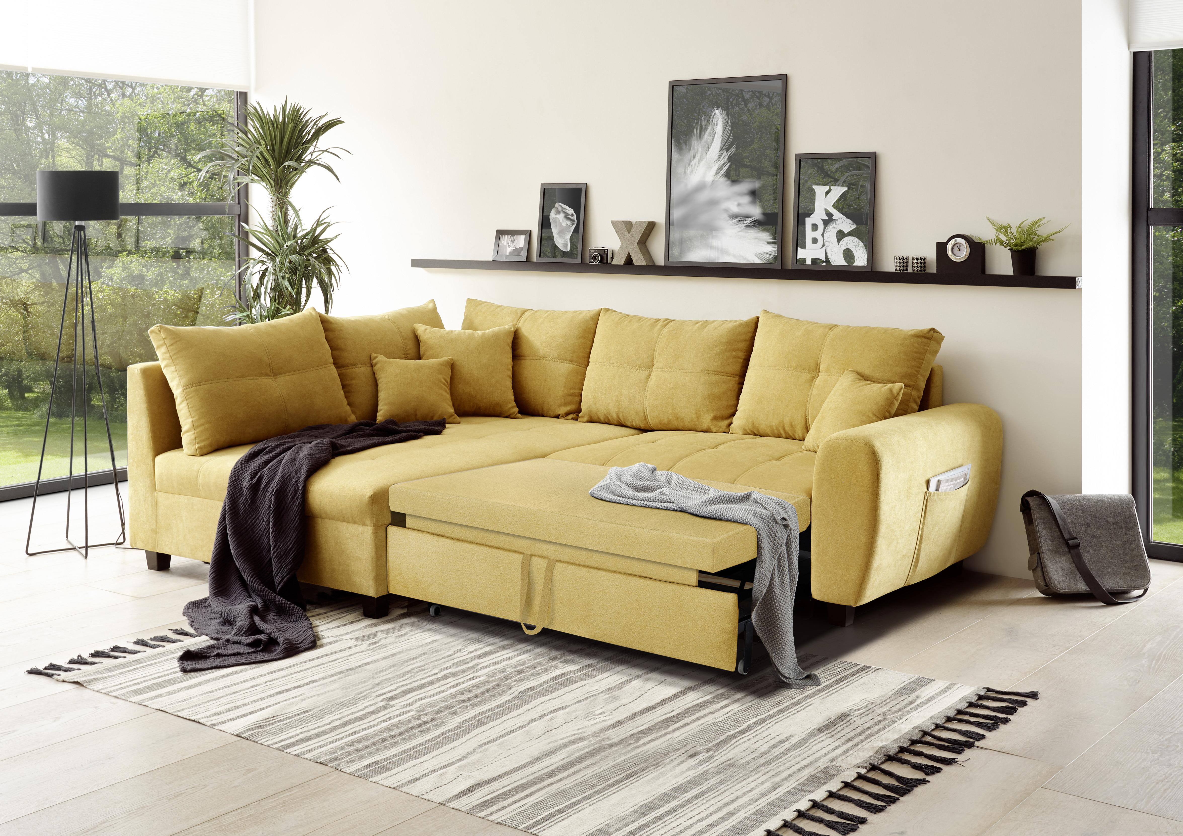 Ecksofa mit Schlaffunktion + Kissen Lea, Polyester-Nylon - Gelb/Schwarz, Basics, Holzwerkstoff/Textil (176/248cm) - MID.YOU